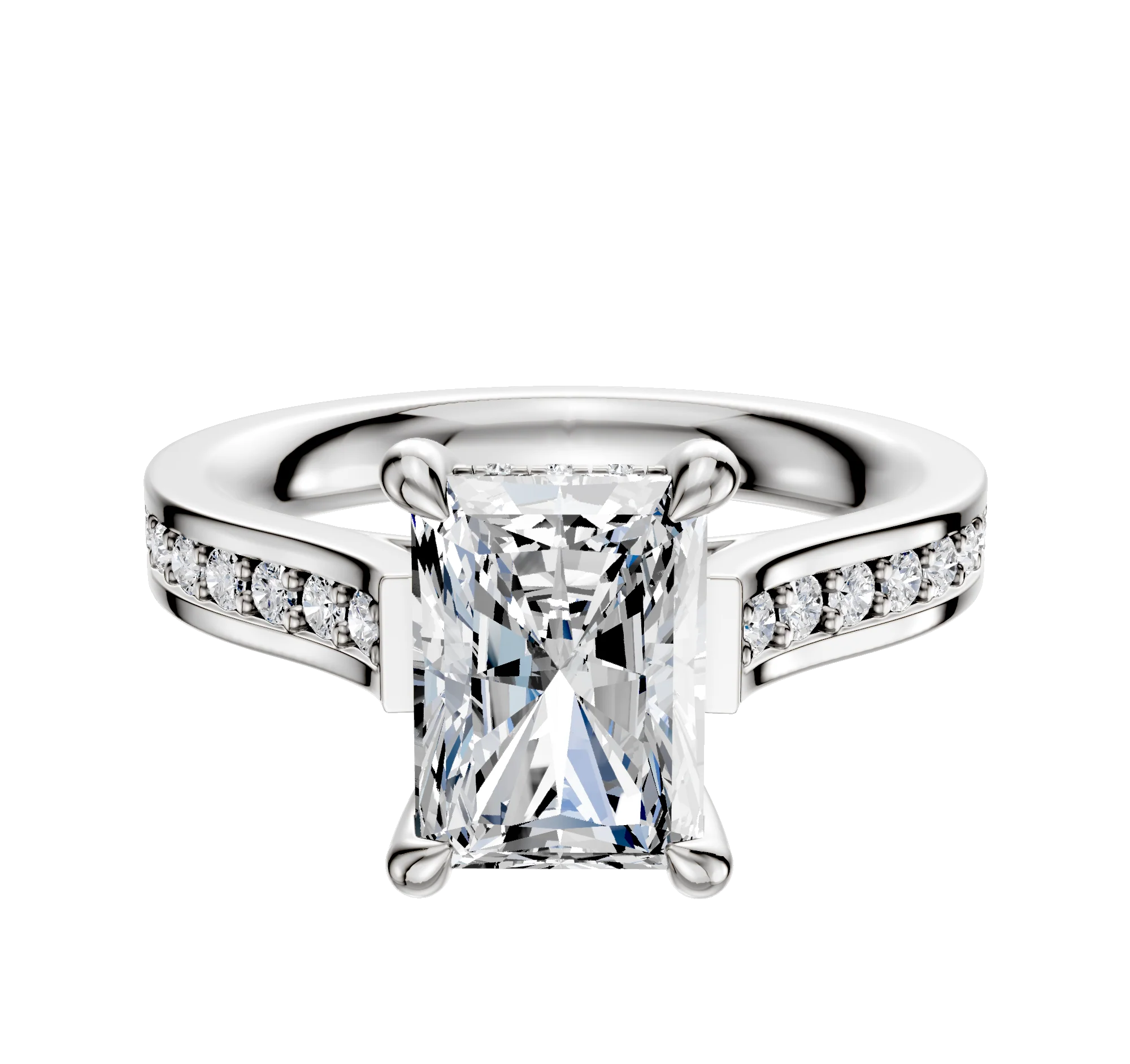 14K White Gold 4 Prong Hidden Halo Cathedral Flat 1-Row-Pave 2.5mm Engagement Ring