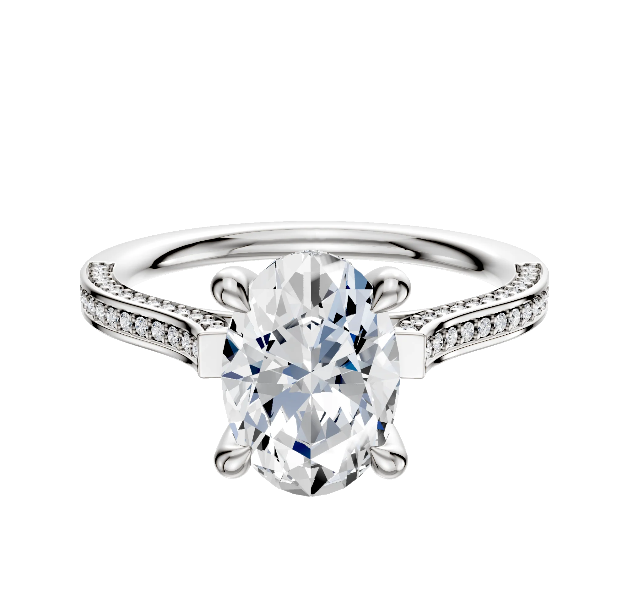 14K White Gold 4 Prong Hidden Halo Cathedral Flat 3-Row-Pave 2.0mm Engagement Ring