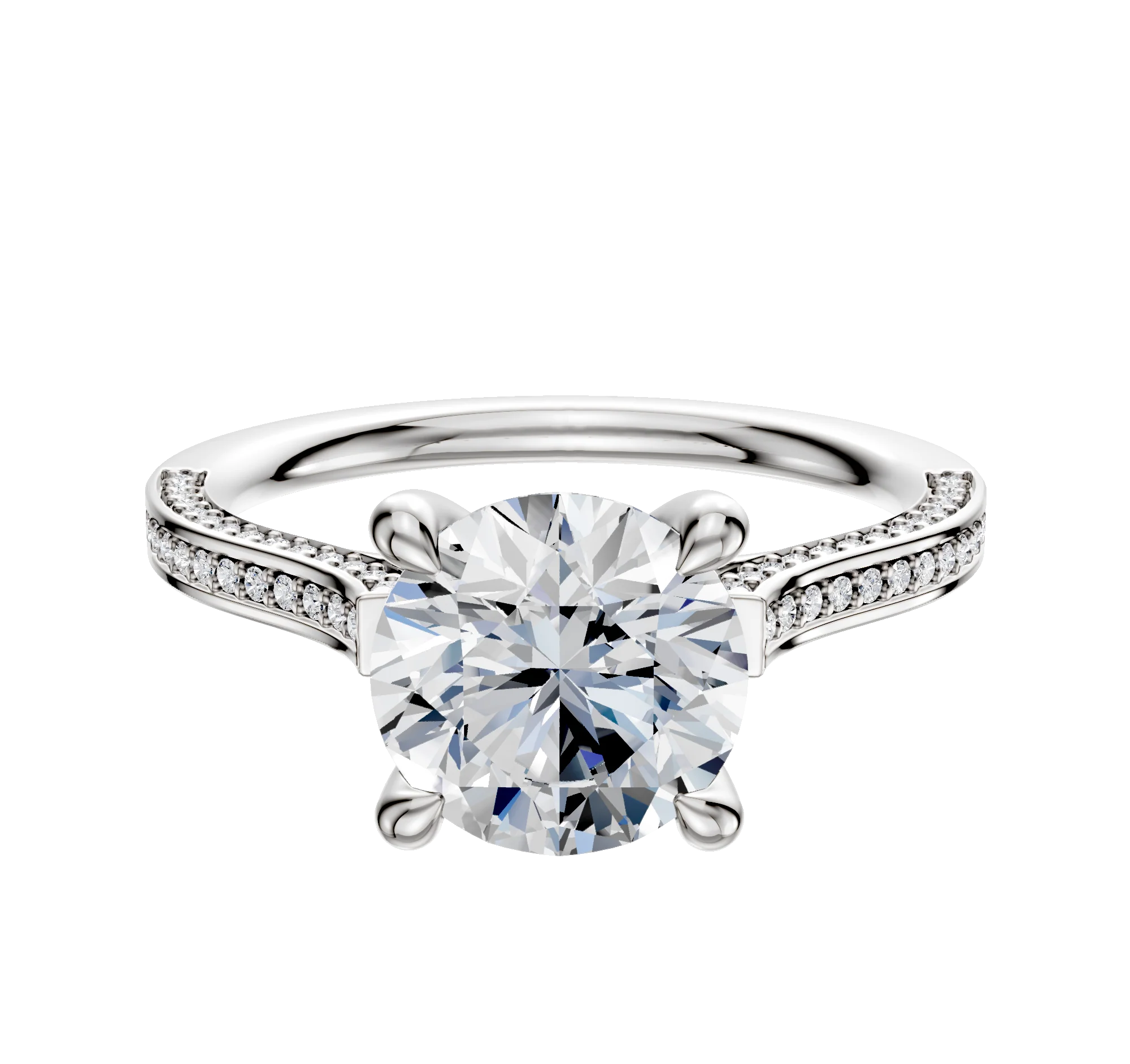 14K White Gold 4 Prong Hidden Halo Cathedral Flat 3-Row-Pave 2.0mm Engagement Ring