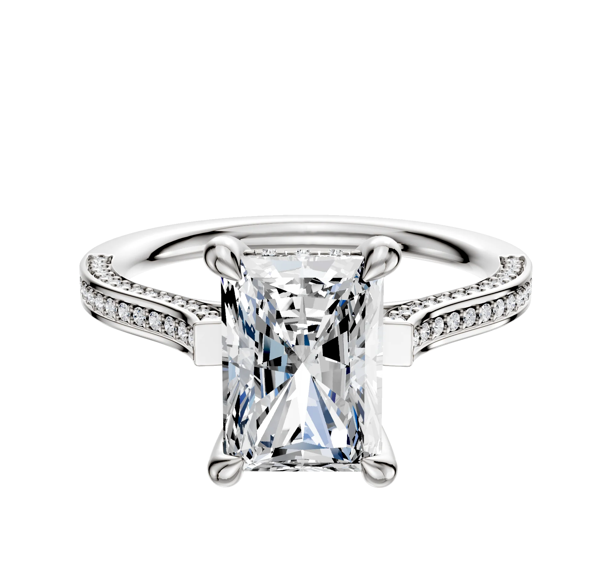 14K White Gold 4 Prong Hidden Halo Cathedral Flat 3-Row-Pave 2.0mm Engagement Ring