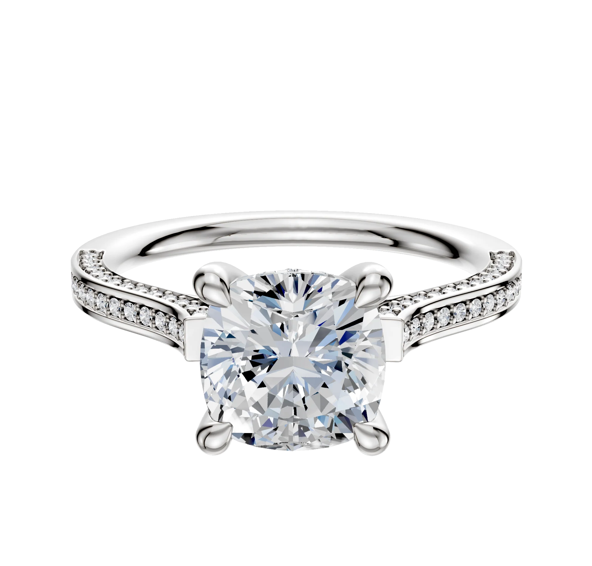 14K White Gold 4 Prong Hidden Halo Cathedral Flat 3-Row-Pave 2.0mm Engagement Ring