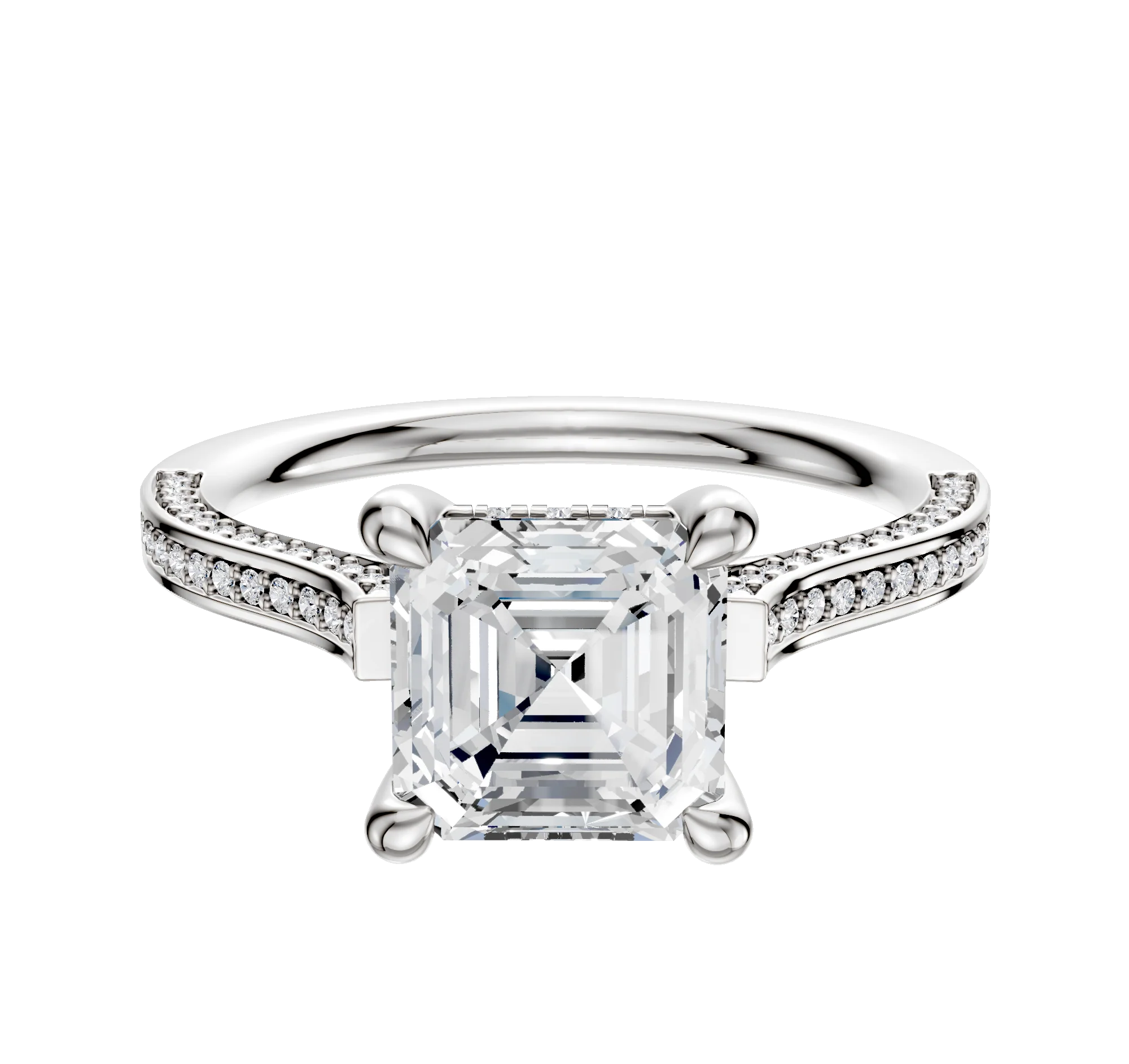 14K White Gold 4 Prong Hidden Halo Cathedral Flat 3-Row-Pave 2.0mm Engagement Ring