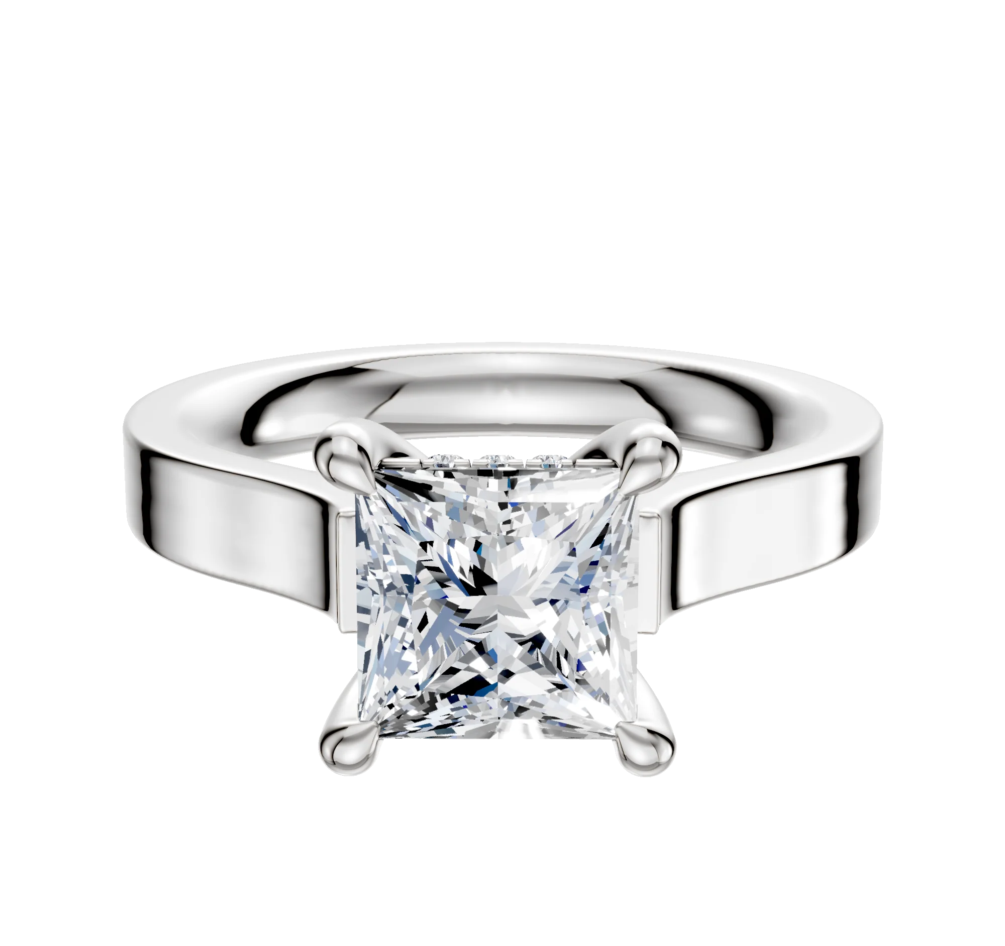 14K White Gold 4 Prong Hidden Halo Cathedral Flat 3.0mm Engagement Ring