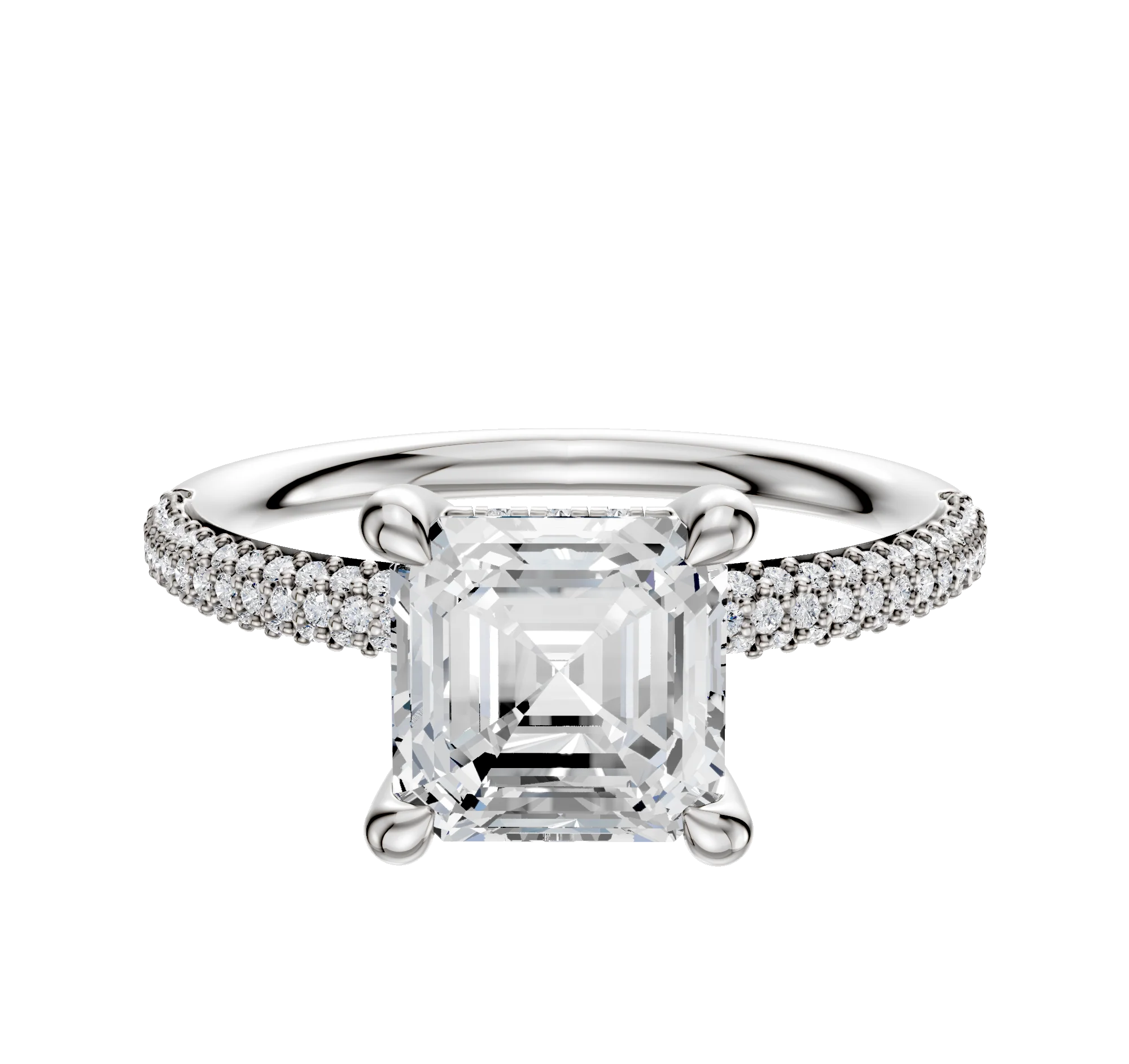 14K White Gold 4 Prong Hidden Halo Classic Dome 3-Row-Pave 2.0mm Engagement Ring