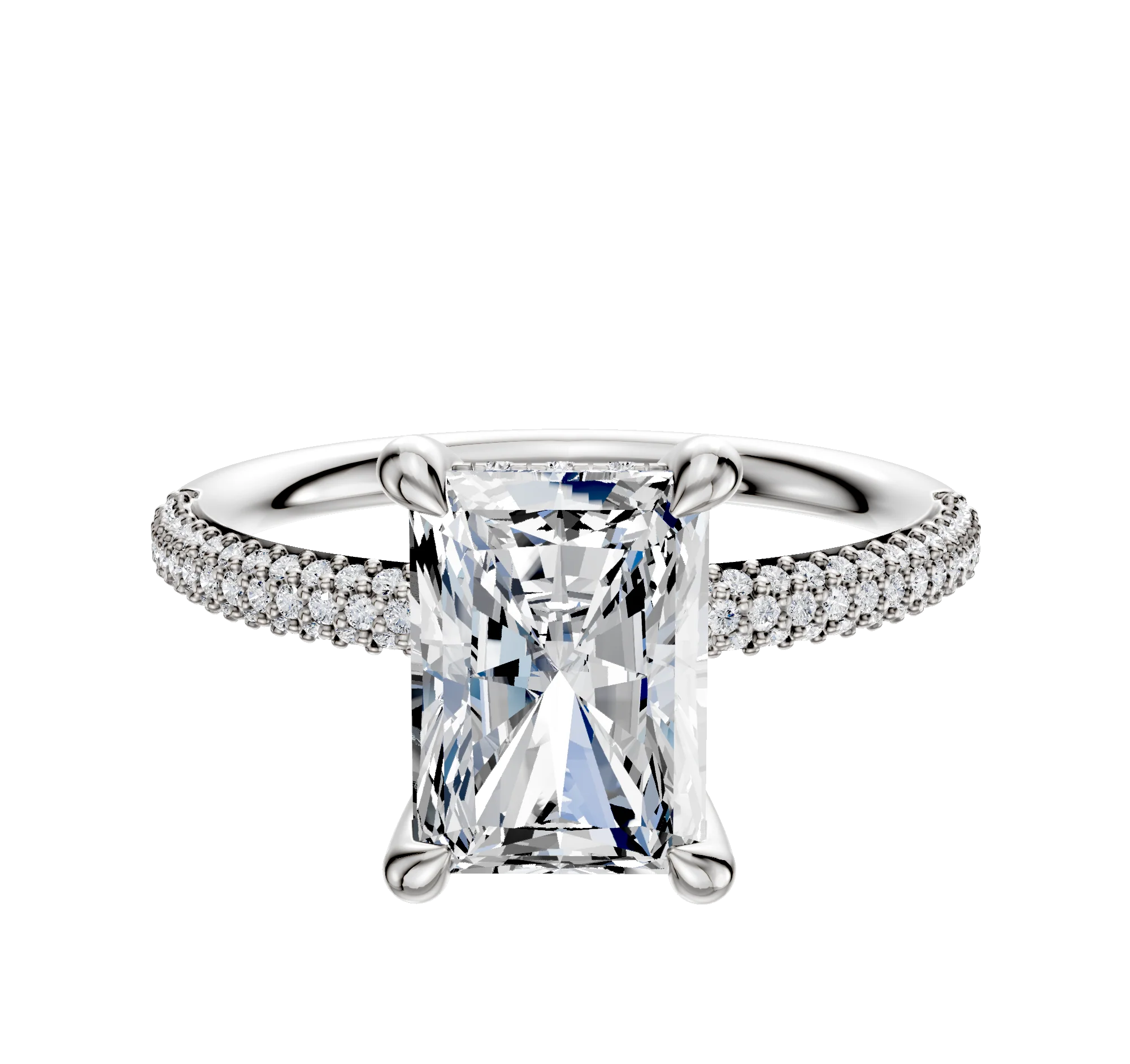 14K White Gold 4 Prong Hidden Halo Classic Dome 3-Row-Pave 2.0mm Engagement Ring