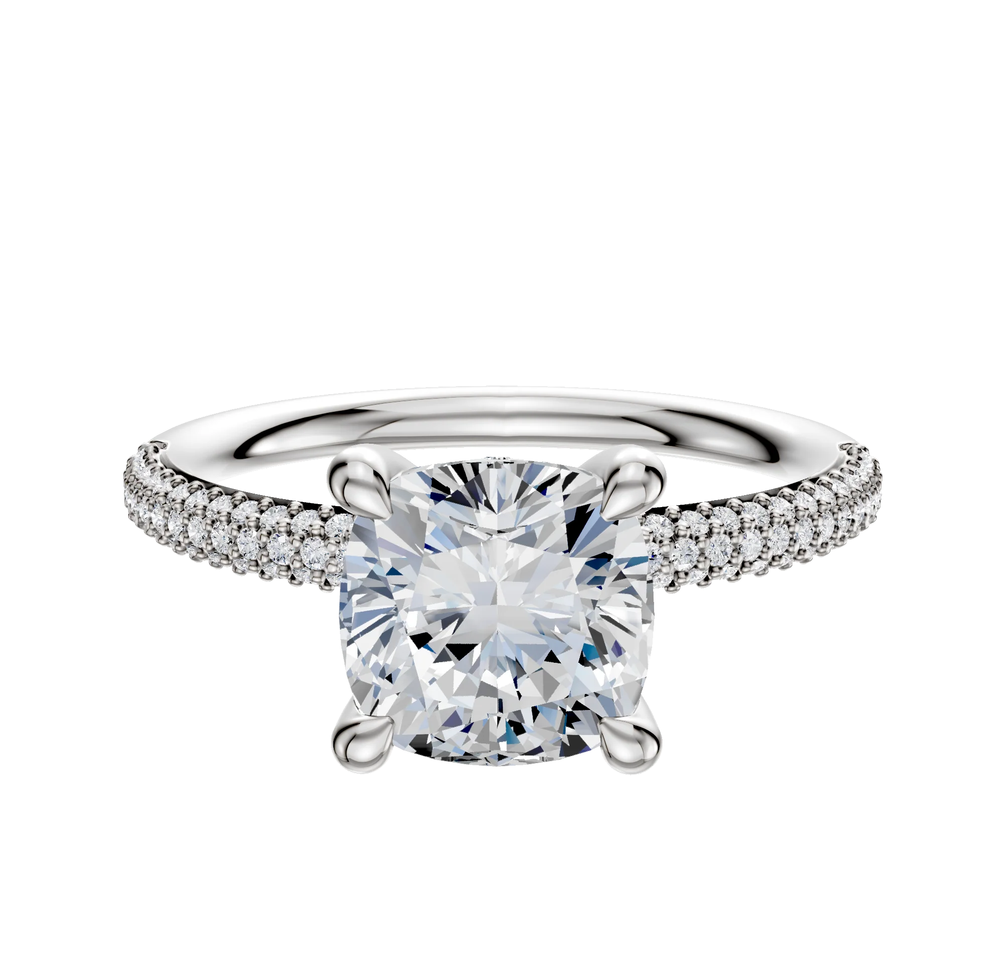 14K White Gold 4 Prong Hidden Halo Classic Dome 3-Row-Pave 2.0mm Engagement Ring