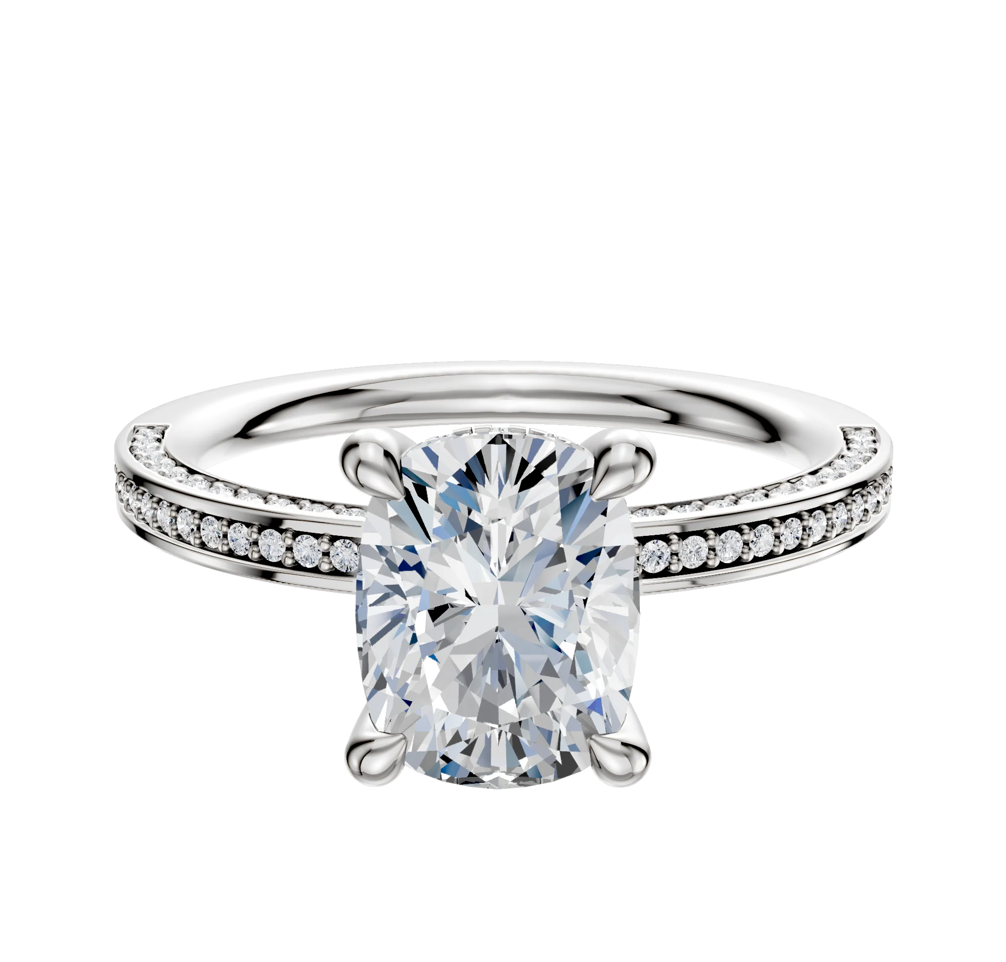 14K White Gold 4 Prong Hidden Halo Classic Flat 3-Row-Pave 2.0mm Engagement Ring