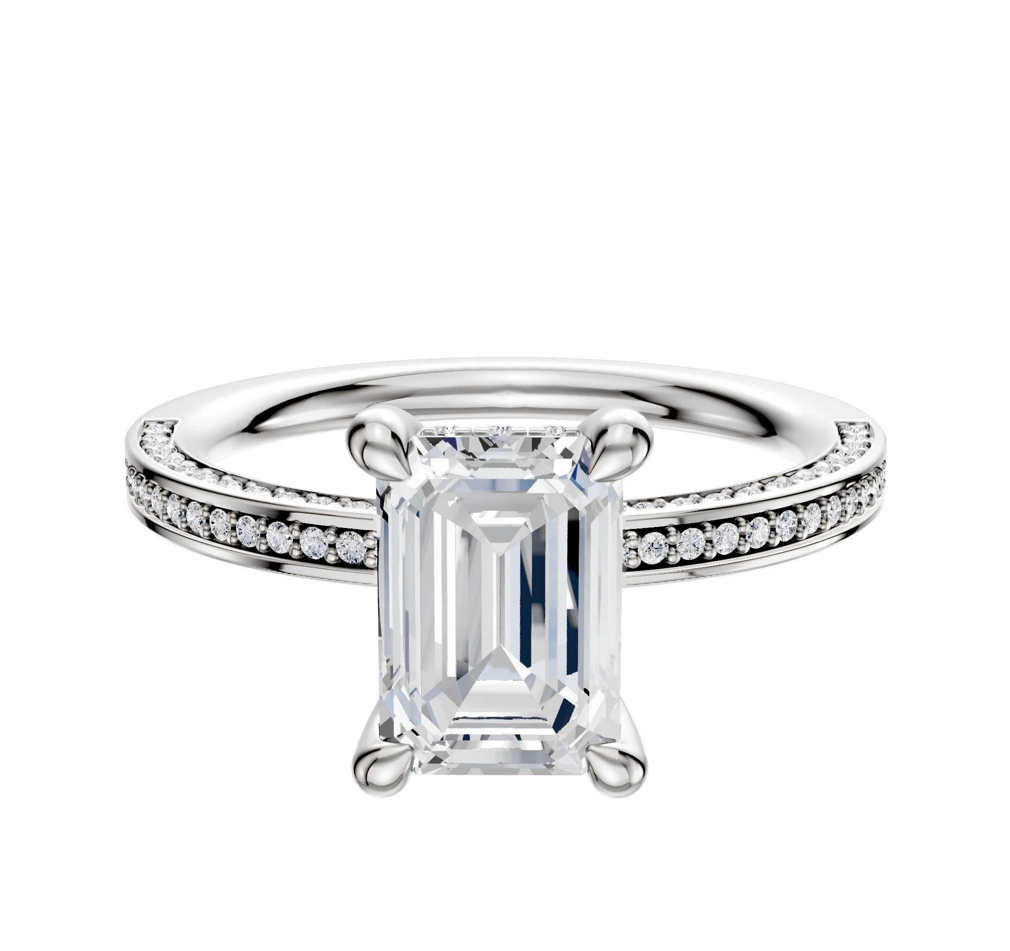 14K White Gold 4 Prong Hidden Halo Classic Flat 3-Row-Pave 2.0mm Engagement Ring