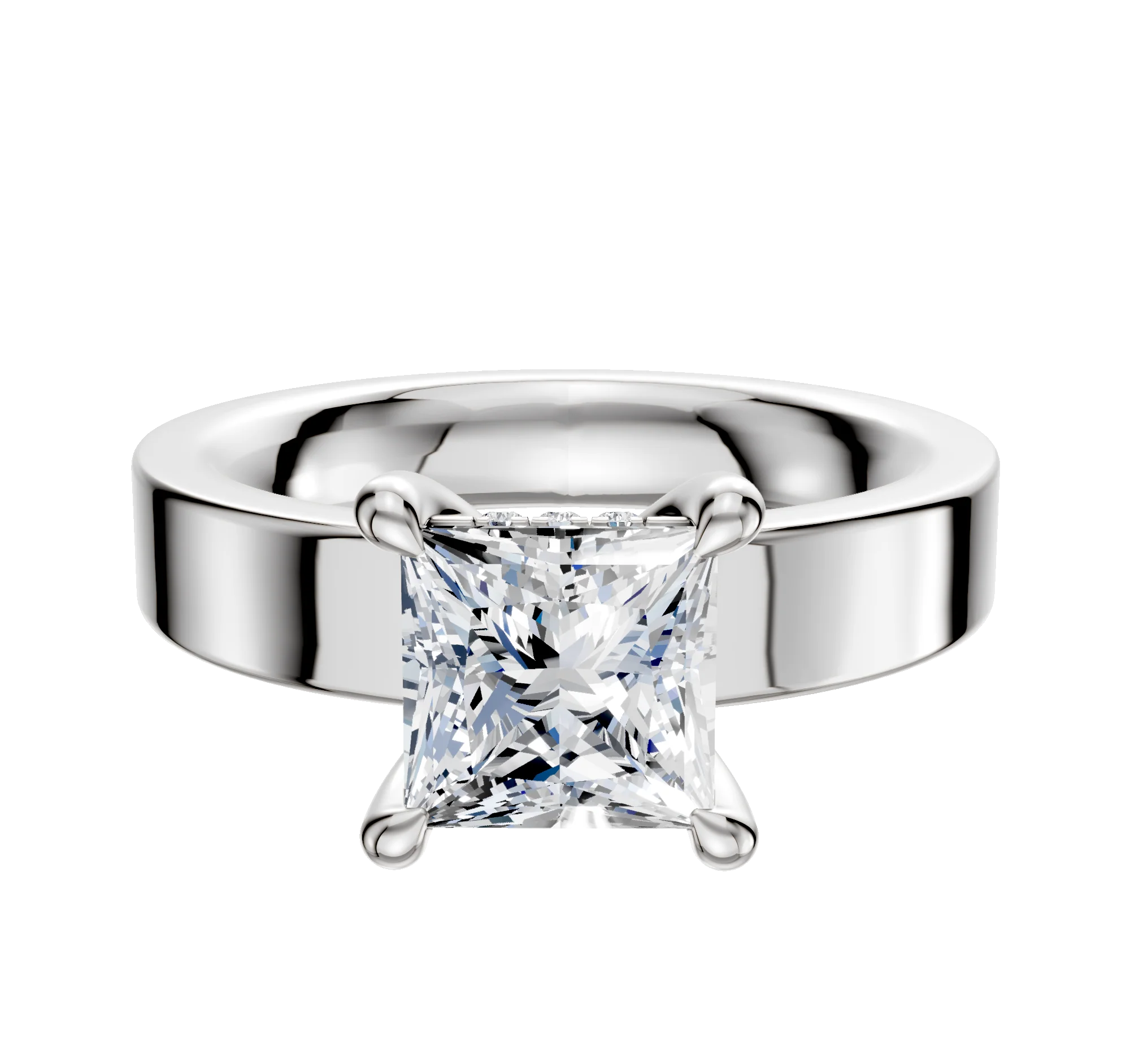 14K White Gold 4 Prong Hidden Halo Classic Flat 4.0mm Engagement Ring