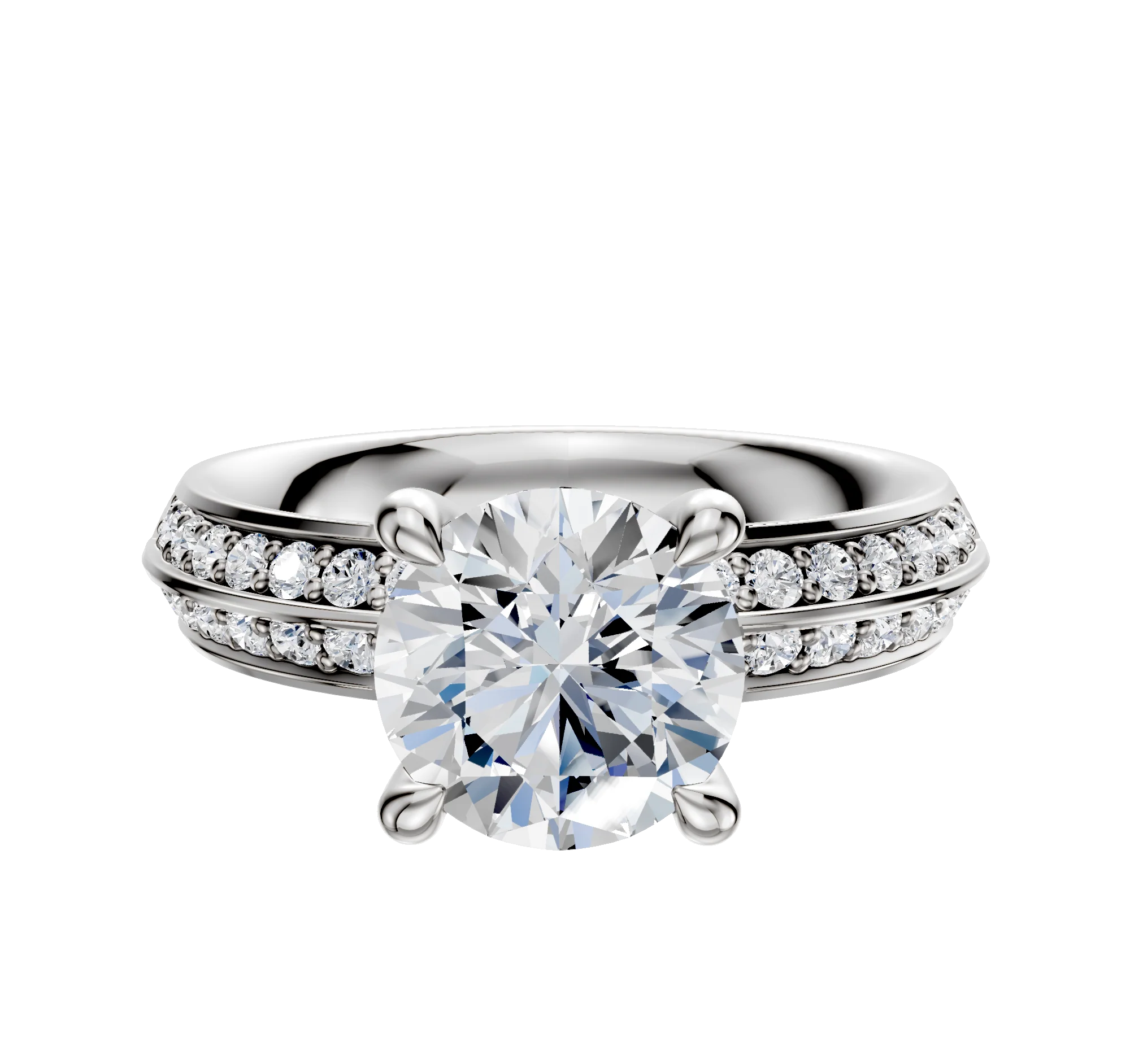 14K White Gold 4 Prong Hidden Halo Classic Knife Edge 1-Row-Pave 2.5mm Engagement Ring