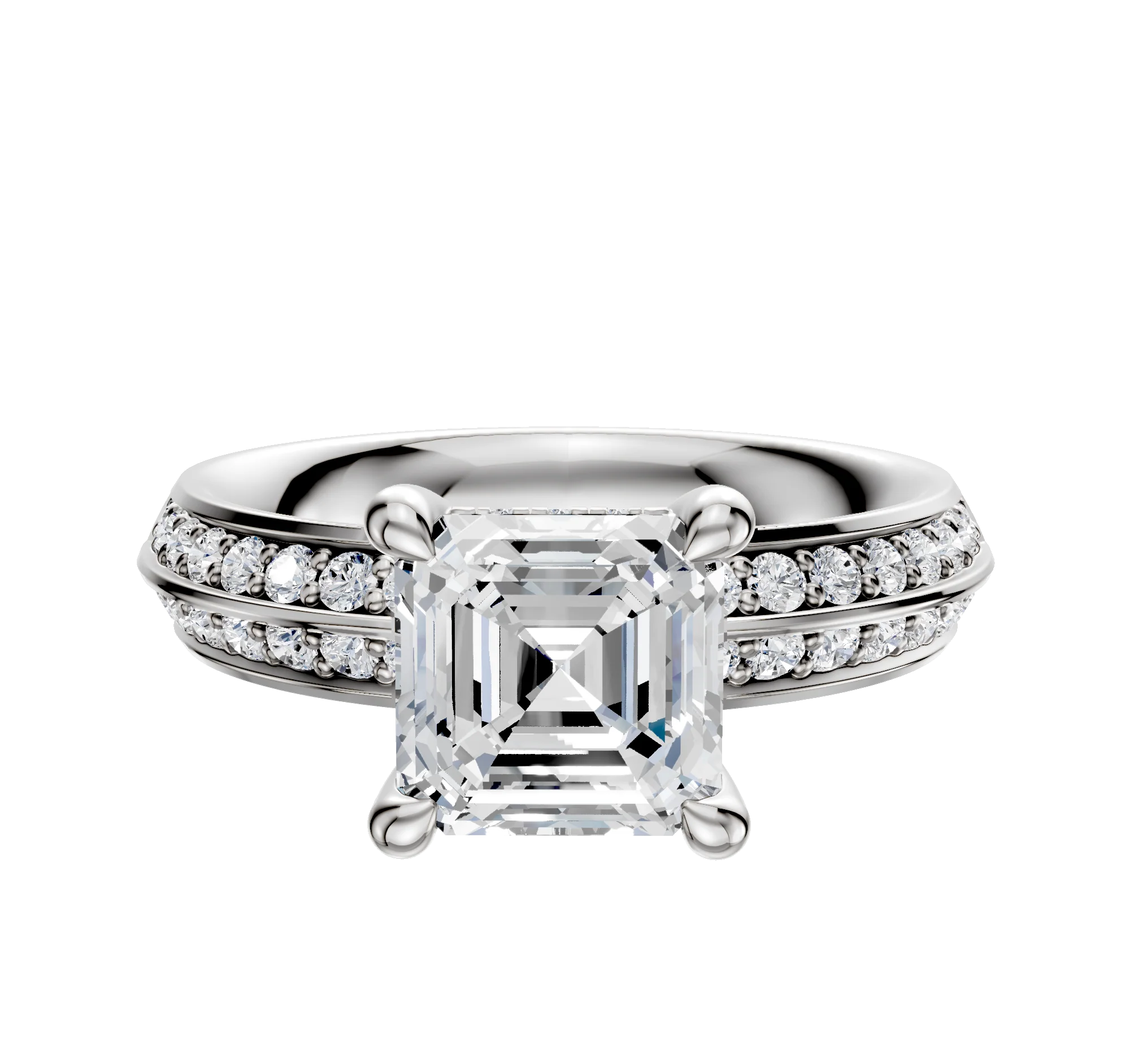 14K White Gold 4 Prong Hidden Halo Classic Knife Edge 1-Row-Pave 2.5mm Engagement Ring