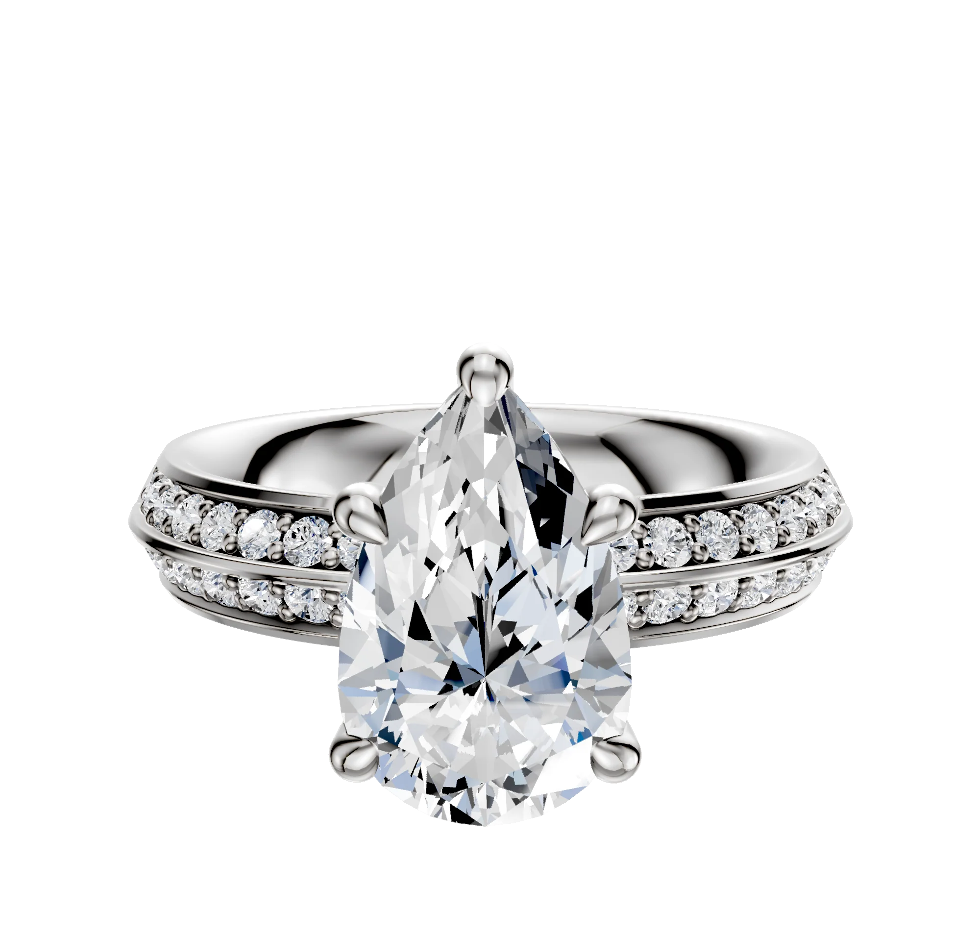 14K White Gold 4 Prong Hidden Halo Classic Knife Edge 1-Row-Pave 2.5mm Engagement Ring