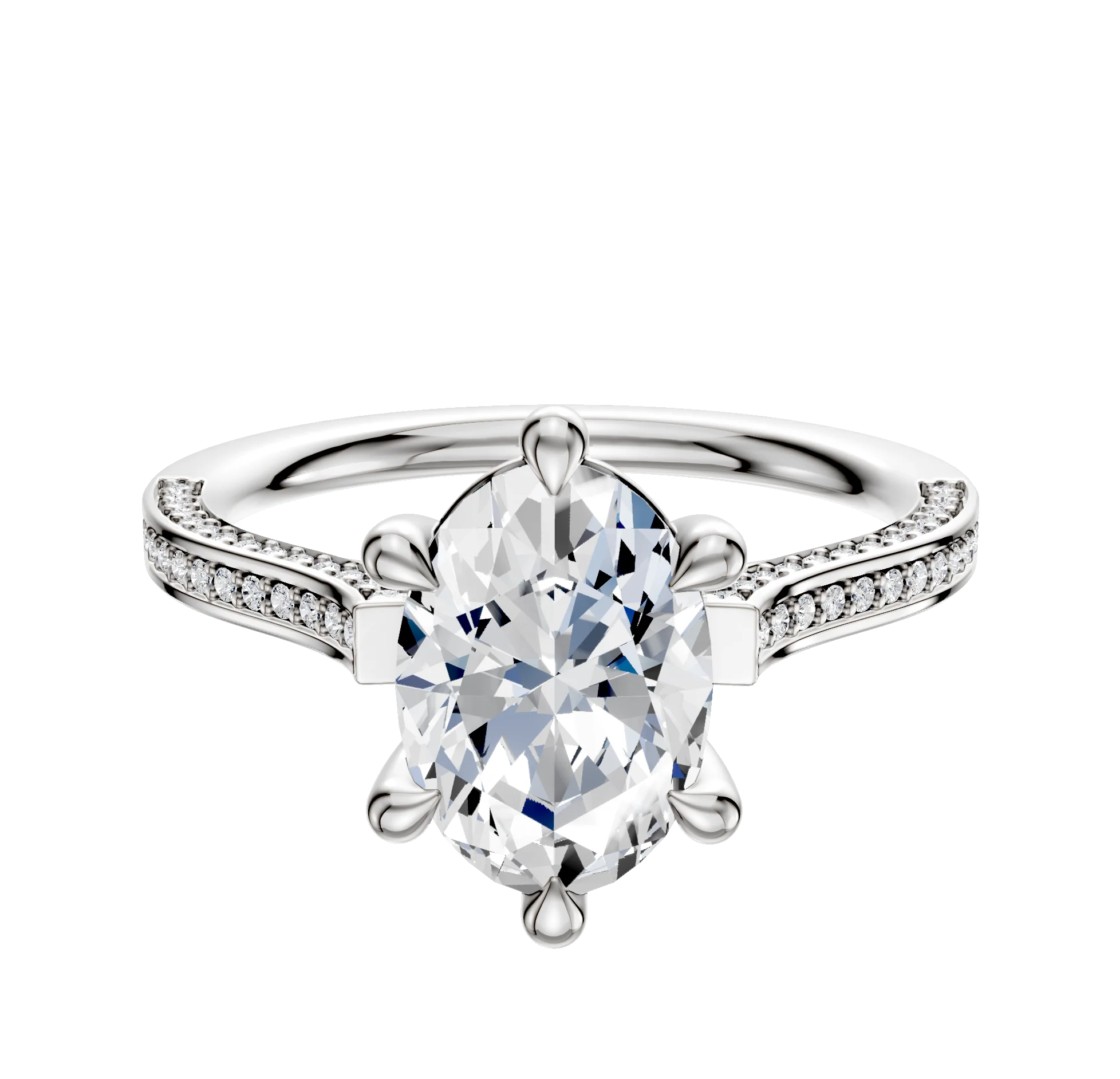14K White Gold 6 Prong Basket Cathedral Flat 3-Row-Pave 2.0mm Engagement Ring
