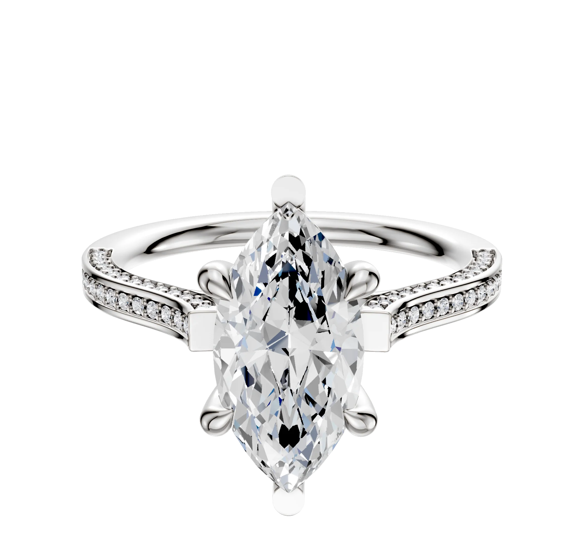 14K White Gold 6 Prong Basket Cathedral Flat 3-Row-Pave 2.0mm Engagement Ring