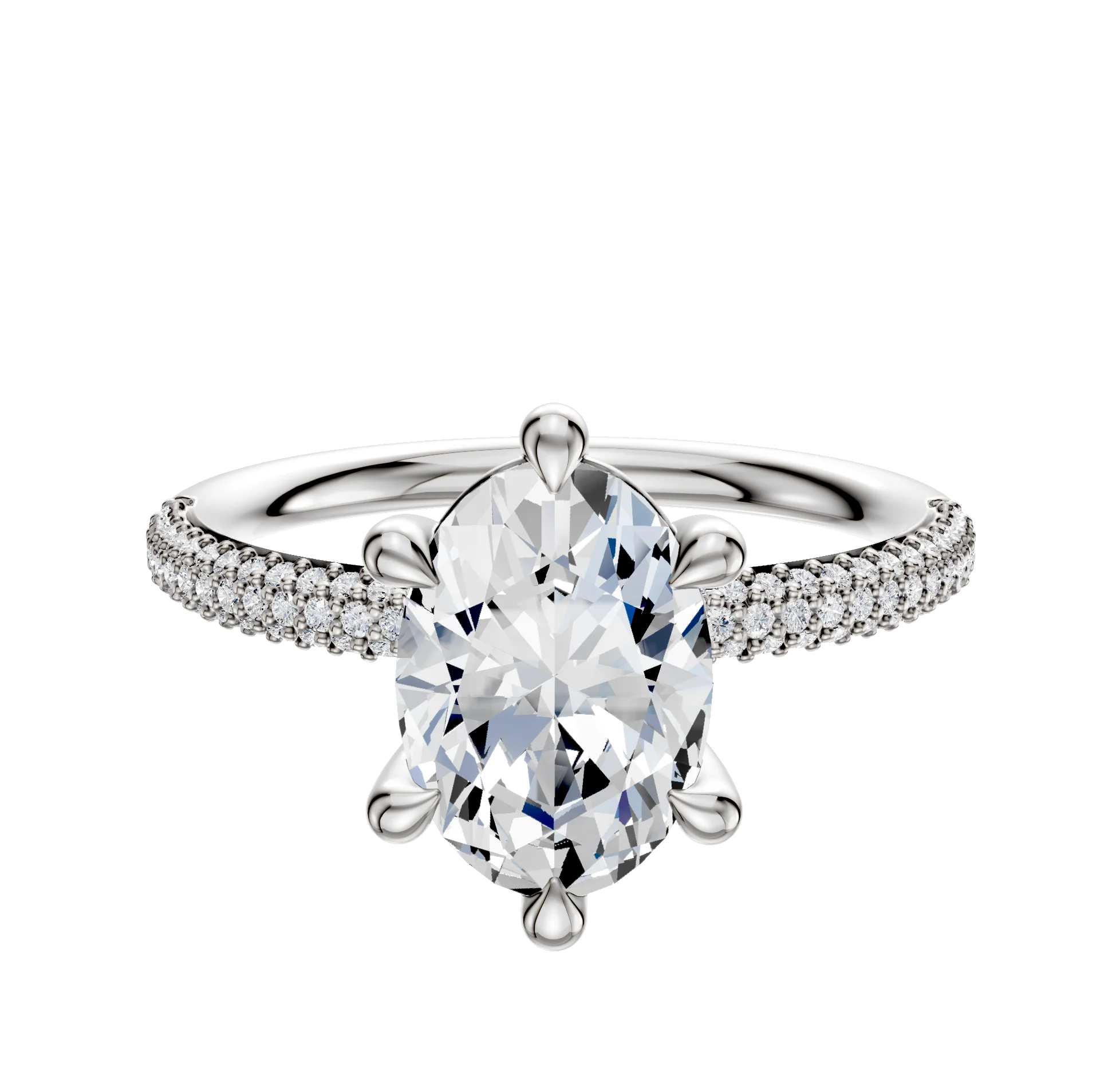 14K White Gold 6 Prong Basket Classic Dome 3-Row-Pave 2.0mm Engagement Ring
