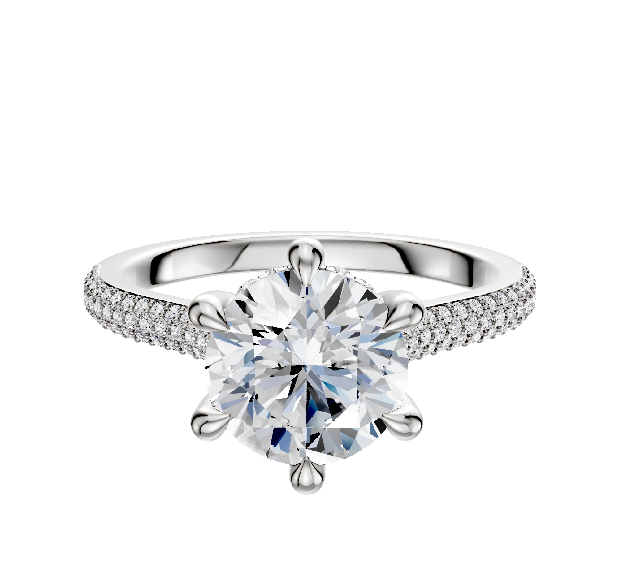 14K White Gold 6 Prong Hidden Halo Cathedral Dome 3-Row-Pave 2.0mm Engagement Ring