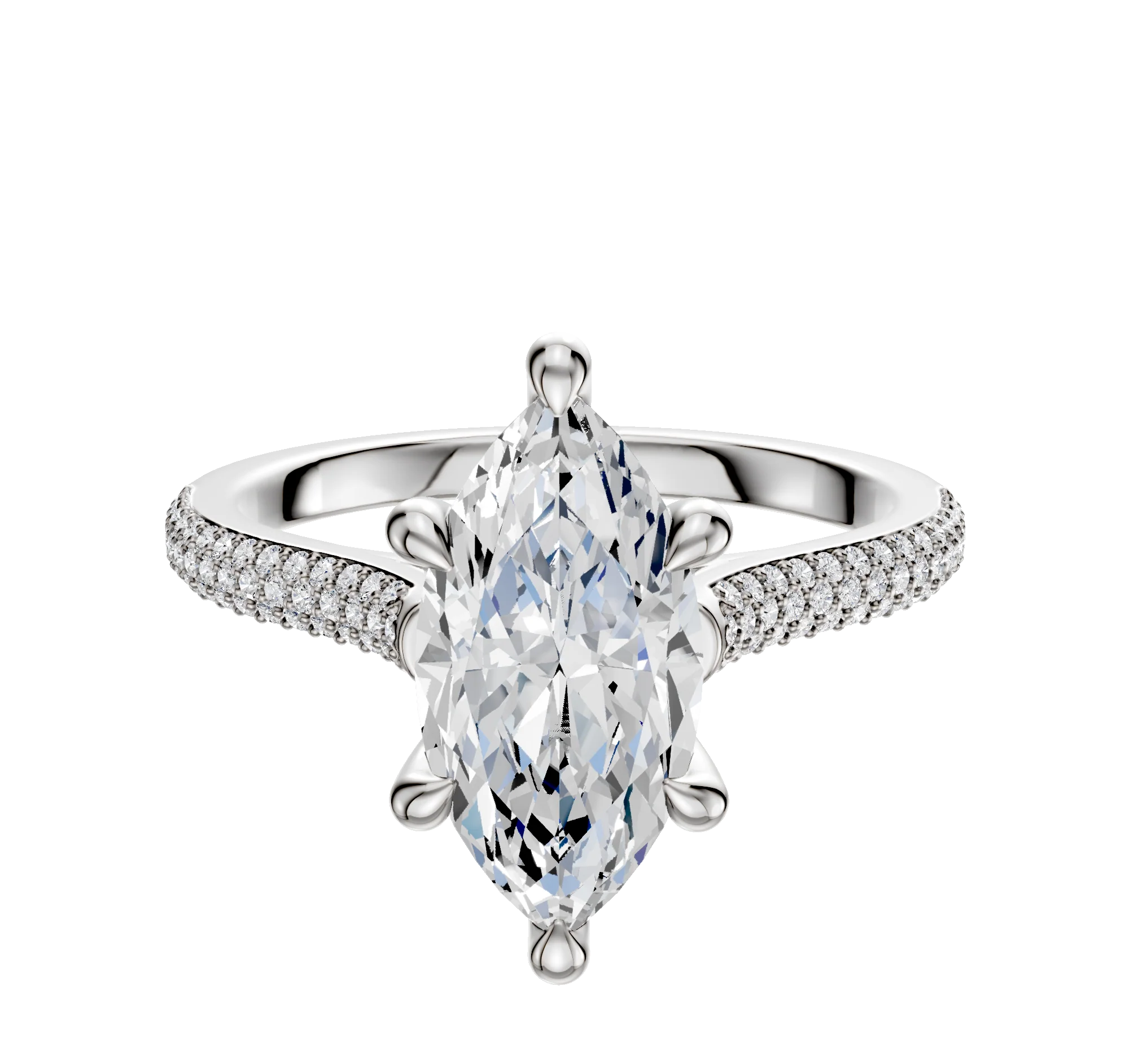 14K White Gold 6 Prong Hidden Halo Cathedral Dome 3-Row-Pave 2.0mm Engagement Ring
