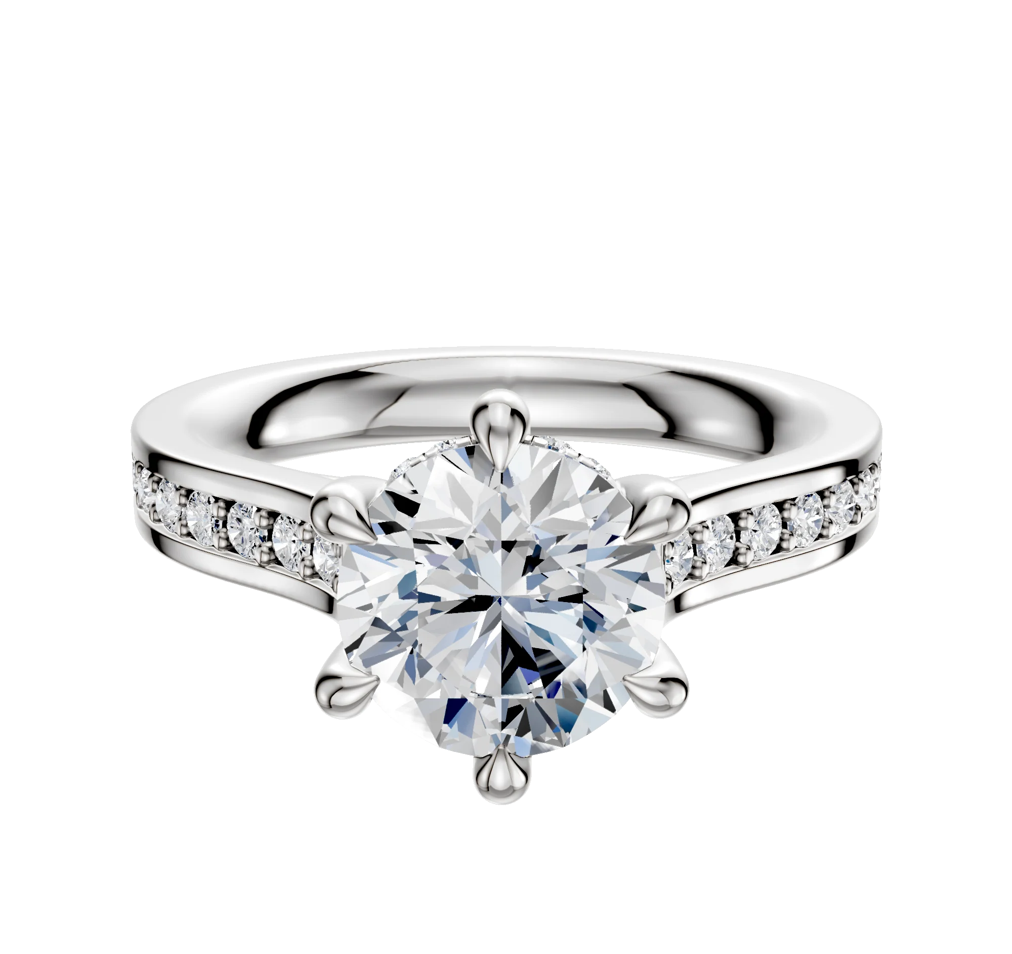 14K White Gold 6 Prong Hidden Halo Cathedral Flat 1-Row-Pave 2.5mm Engagement Ring