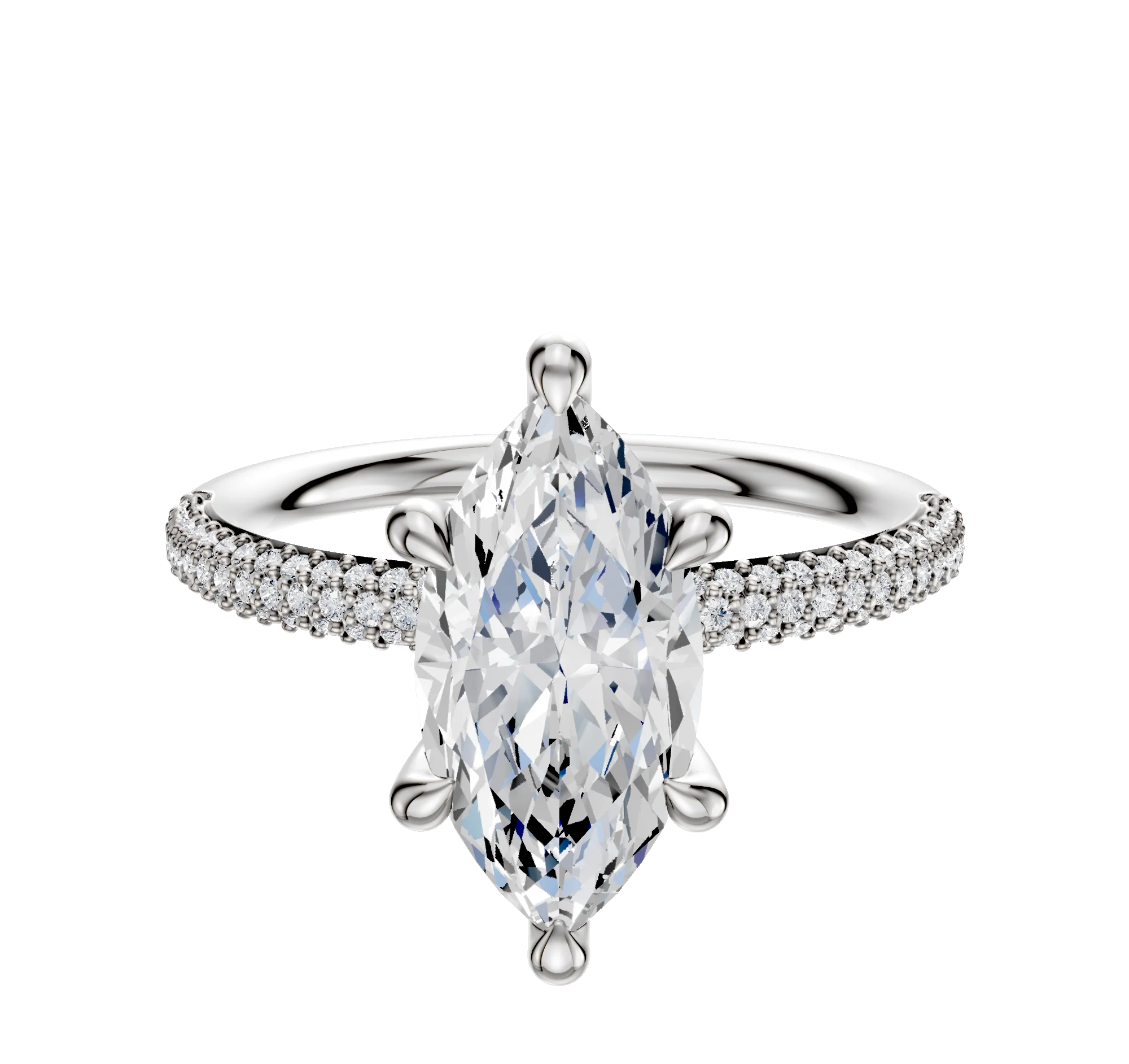 14K White Gold 6 Prong Hidden Halo Classic Dome 3-Row-Pave 2.0mm Engagement Ring