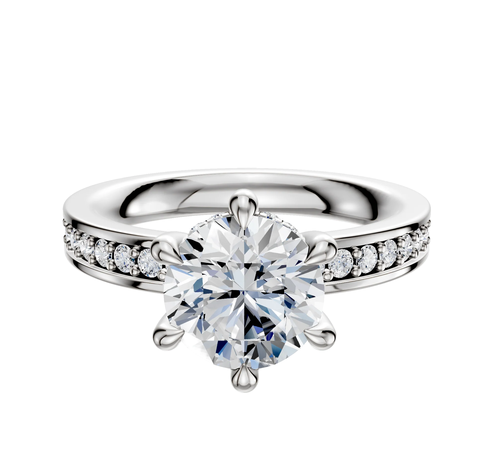 14K White Gold 6 Prong Hidden Halo Classic Flat 1-Row-Pave 2.5mm Engagement Ring