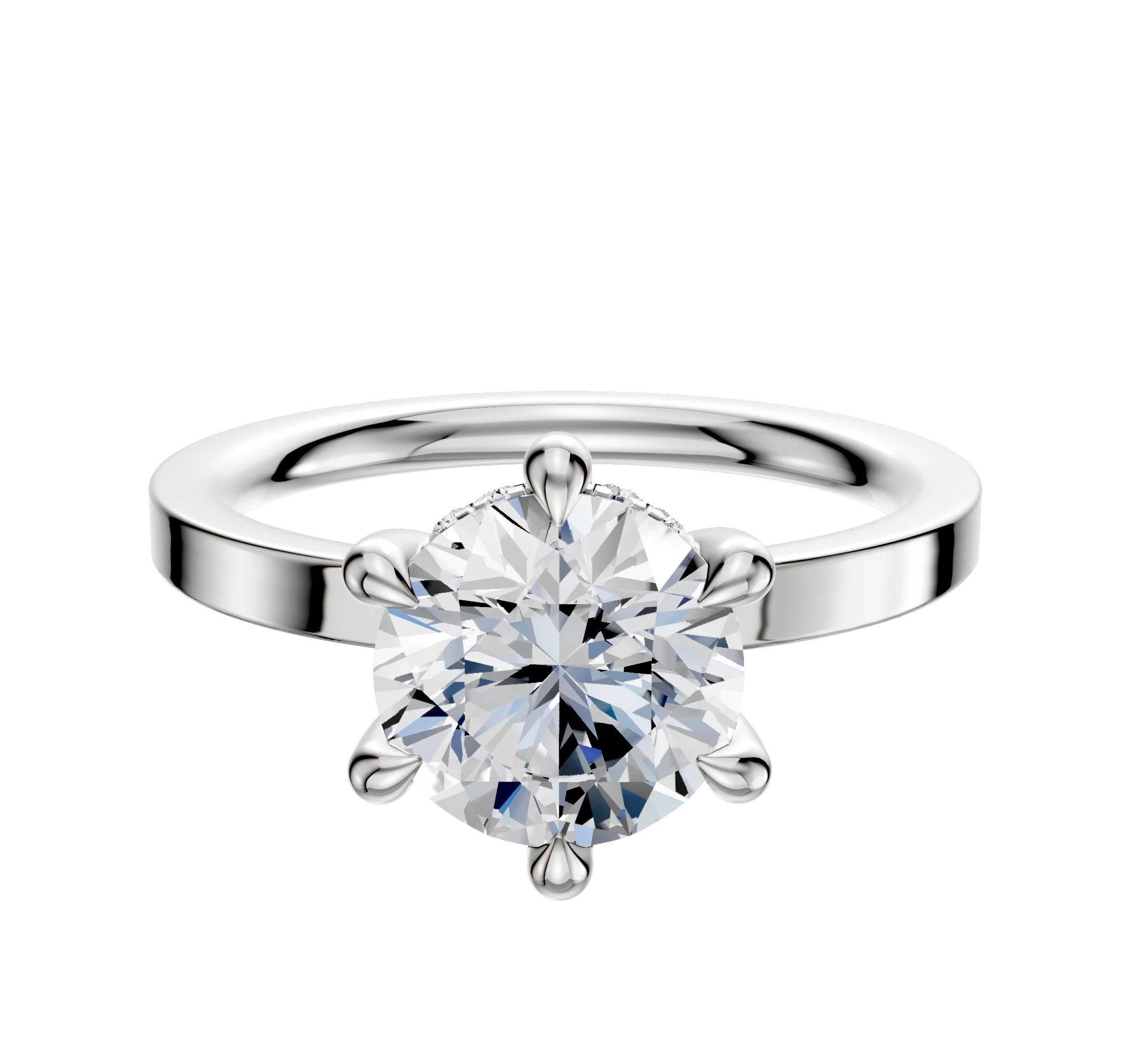 14K White Gold 6 Prong Hidden Halo Classic Flat 2.0mm Engagement Ring