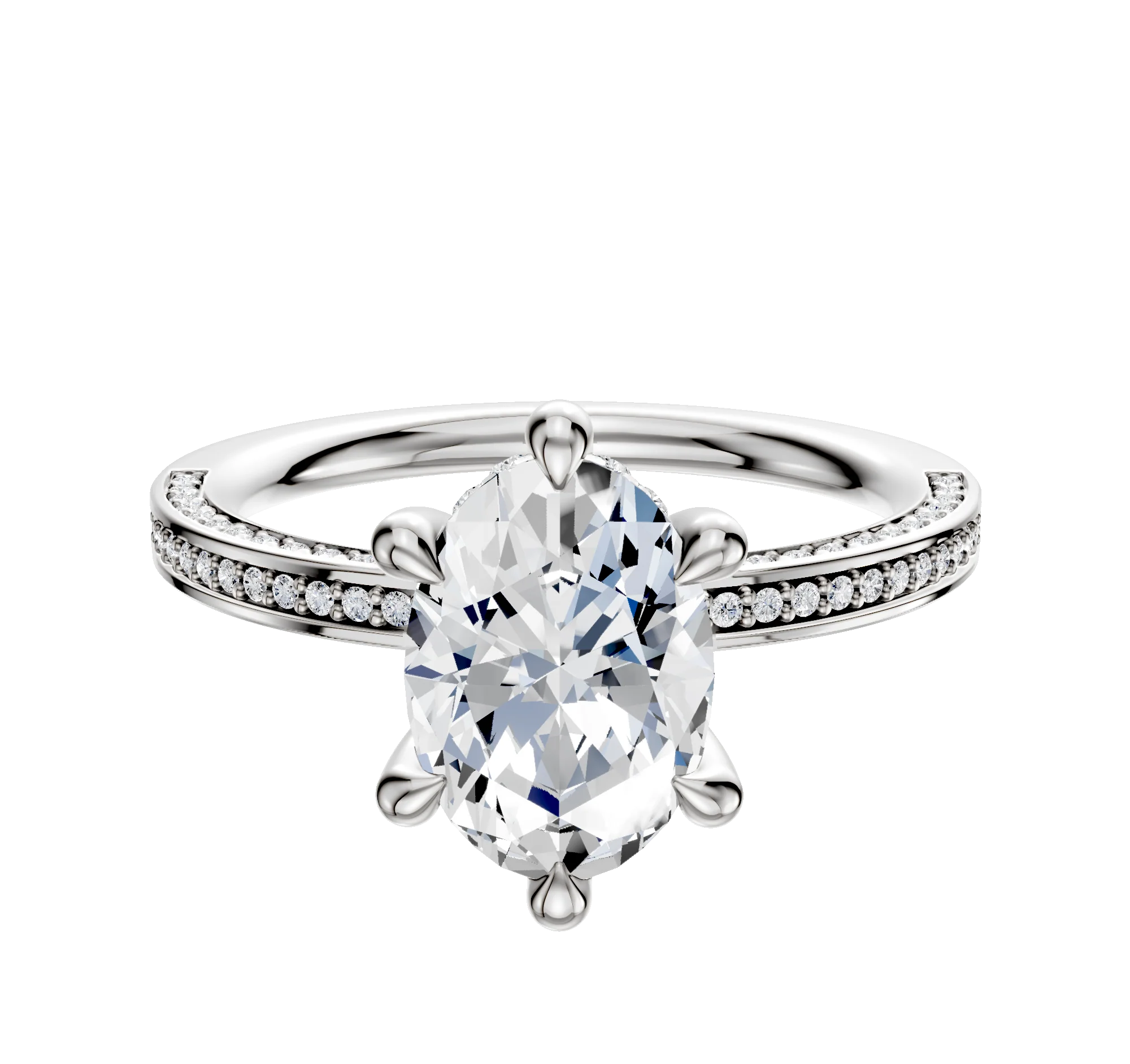 14K White Gold 6 Prong Hidden Halo Classic Flat 3-Row-Pave 2.0mm Engagement Ring