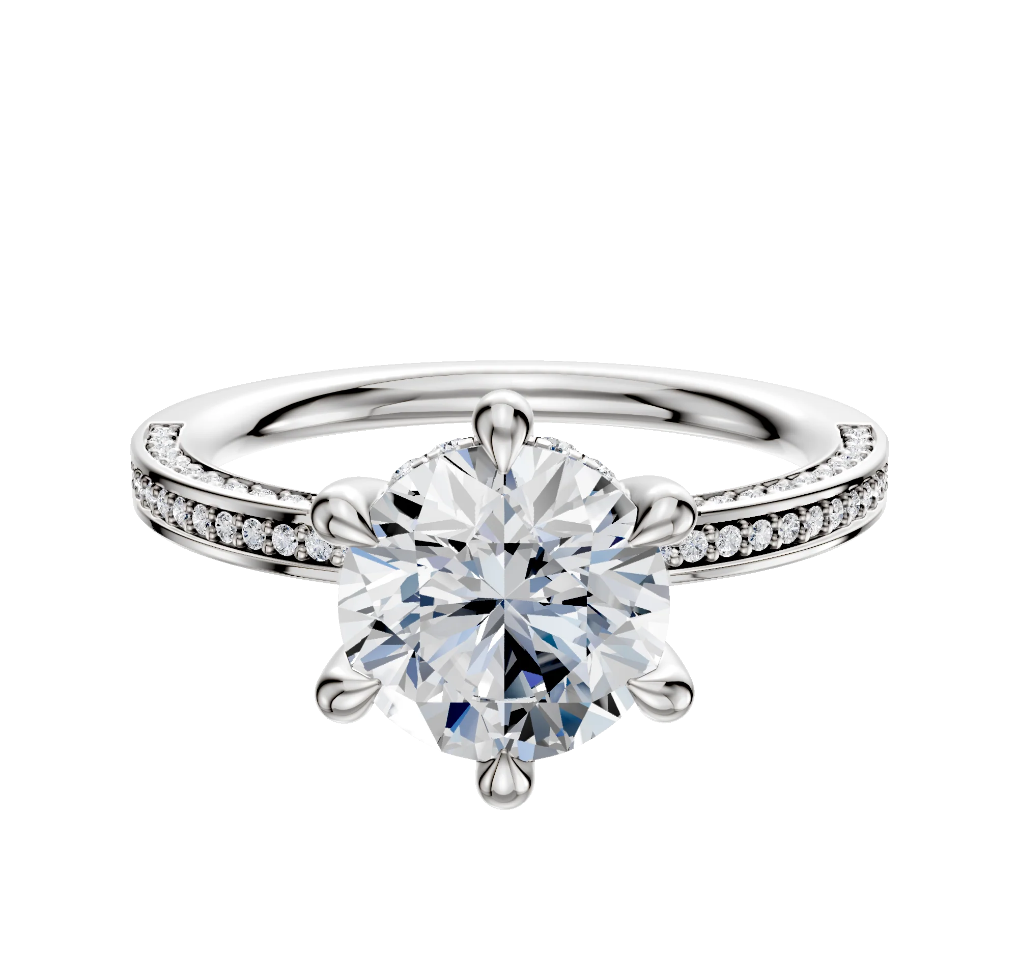 14K White Gold 6 Prong Hidden Halo Classic Flat 3-Row-Pave 2.0mm Engagement Ring