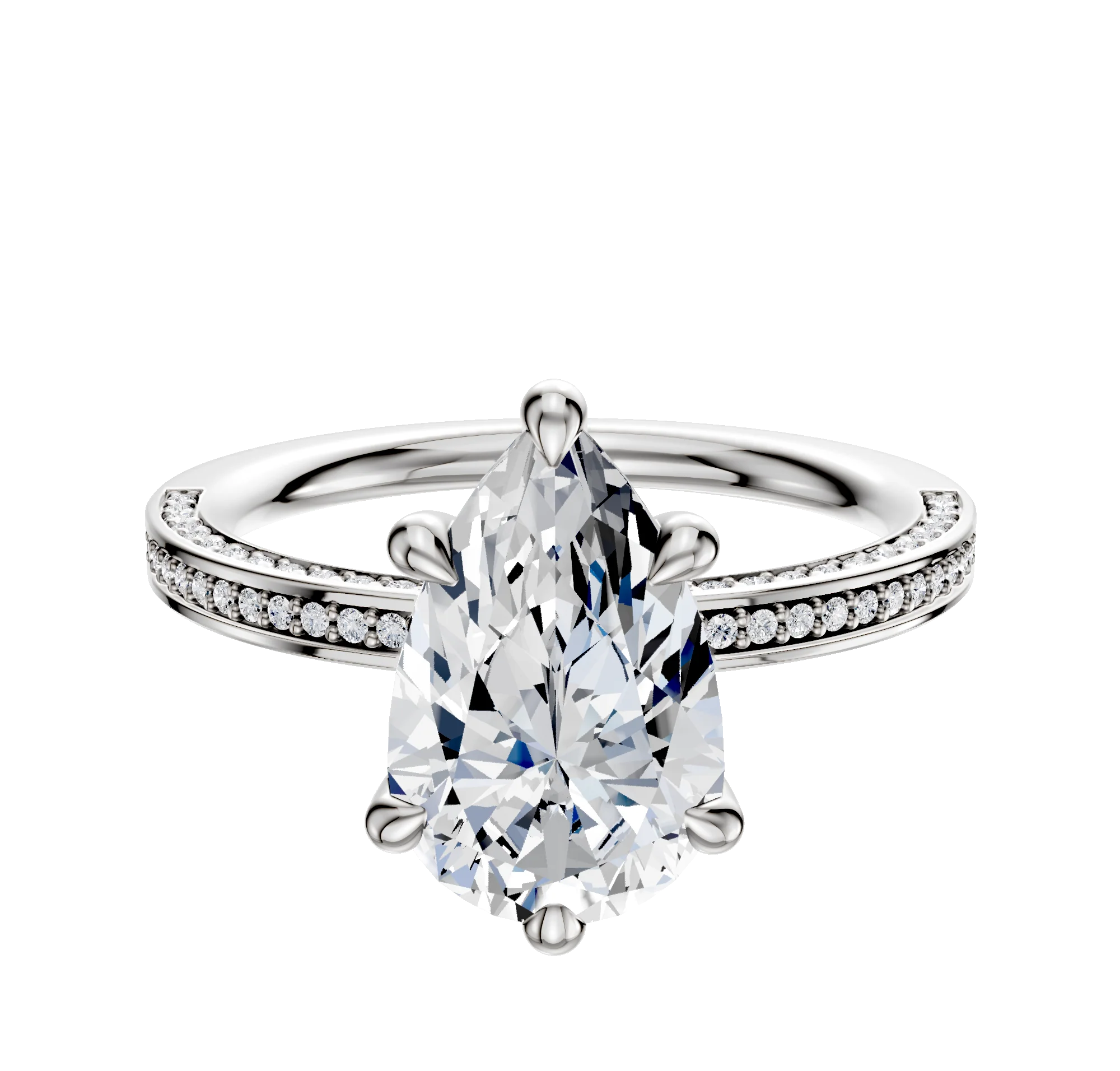 14K White Gold 6 Prong Hidden Halo Classic Flat 3-Row-Pave 2.0mm Engagement Ring