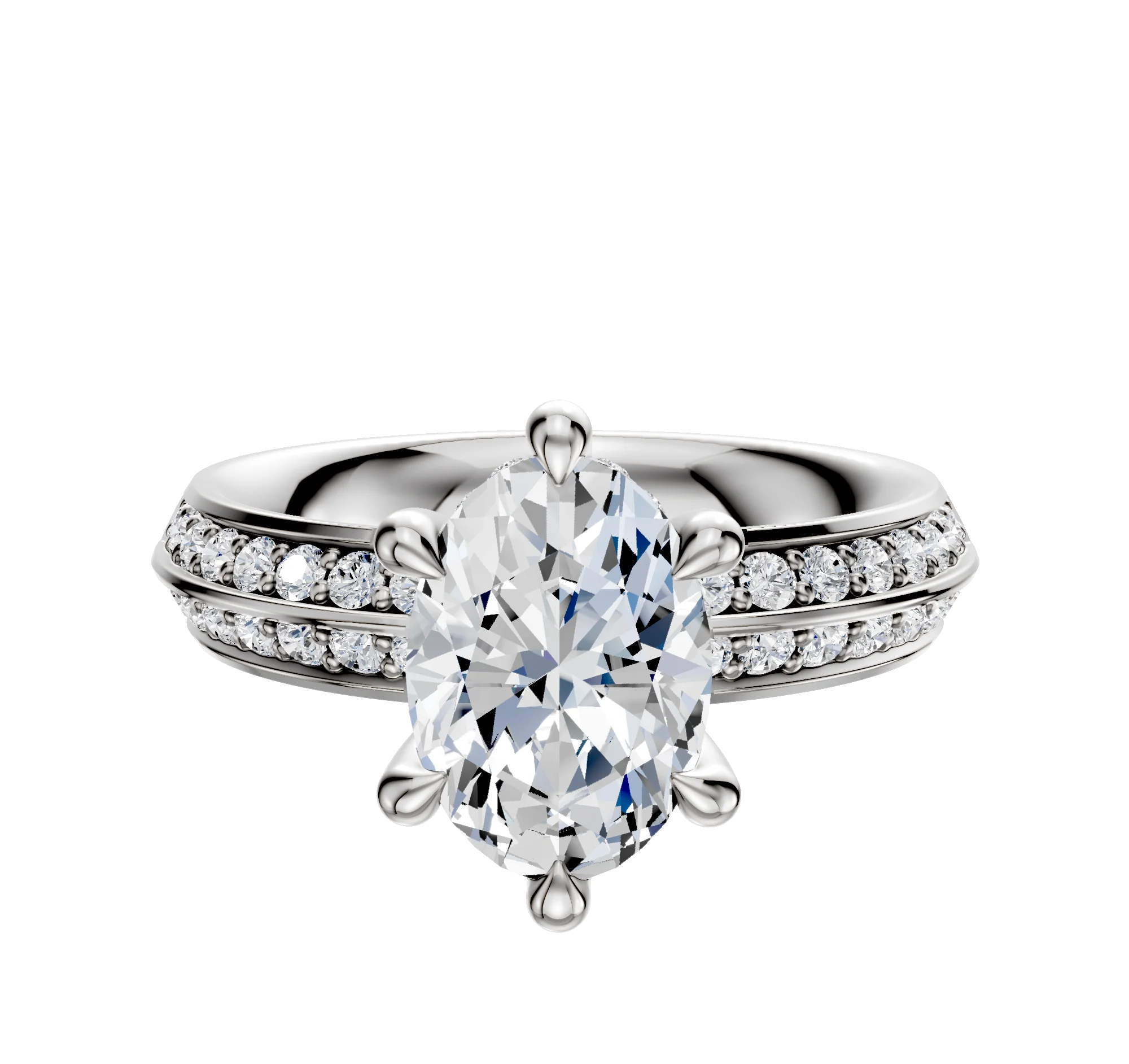 14K White Gold 6 Prong Hidden Halo Classic Knife Edge 1-Row-Pave 2.5mm Engagement Ring