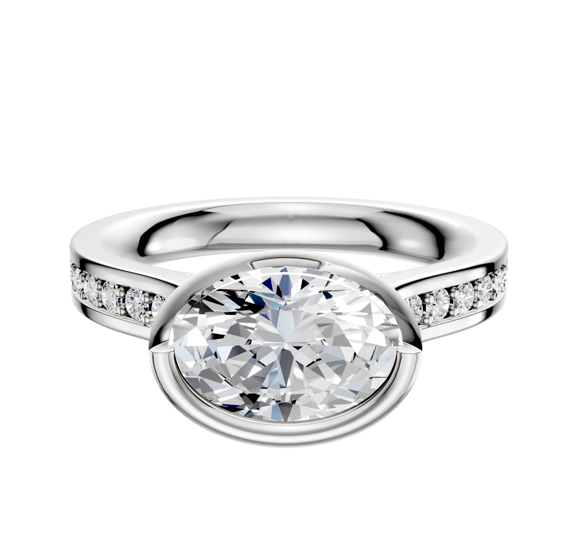 14K White Gold Bezel Full Bezel East/West Cathedral Flat 1-Row-Pave 2.5mm Engagement Ring