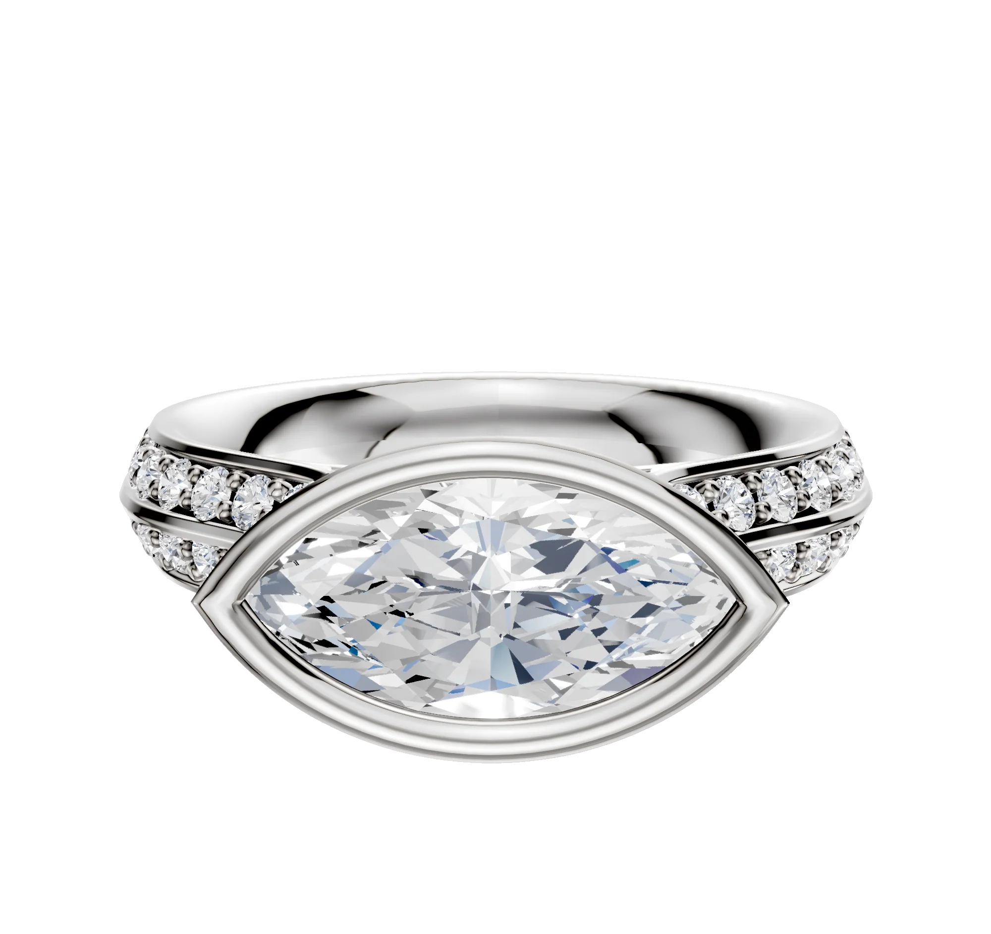 14K White Gold Bezel Full Bezel East/West Cathedral Knife Edge 1-Row-Pave 2.5mm Engagement Ring