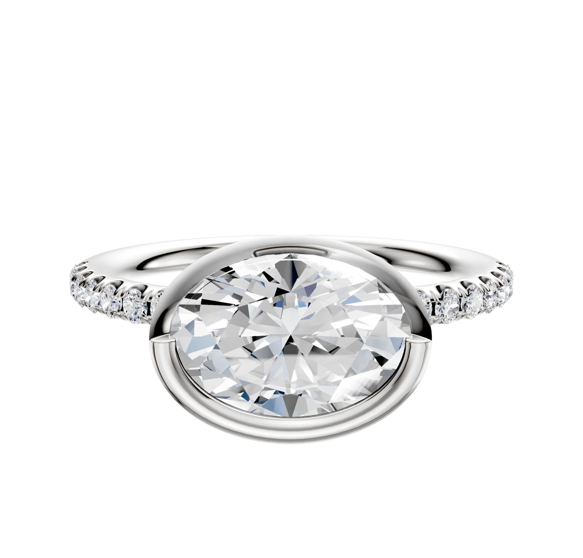14K White Gold Bezel Full Bezel East/West Classic Dome 1-Row-Pave 2.5mm Engagement Ring