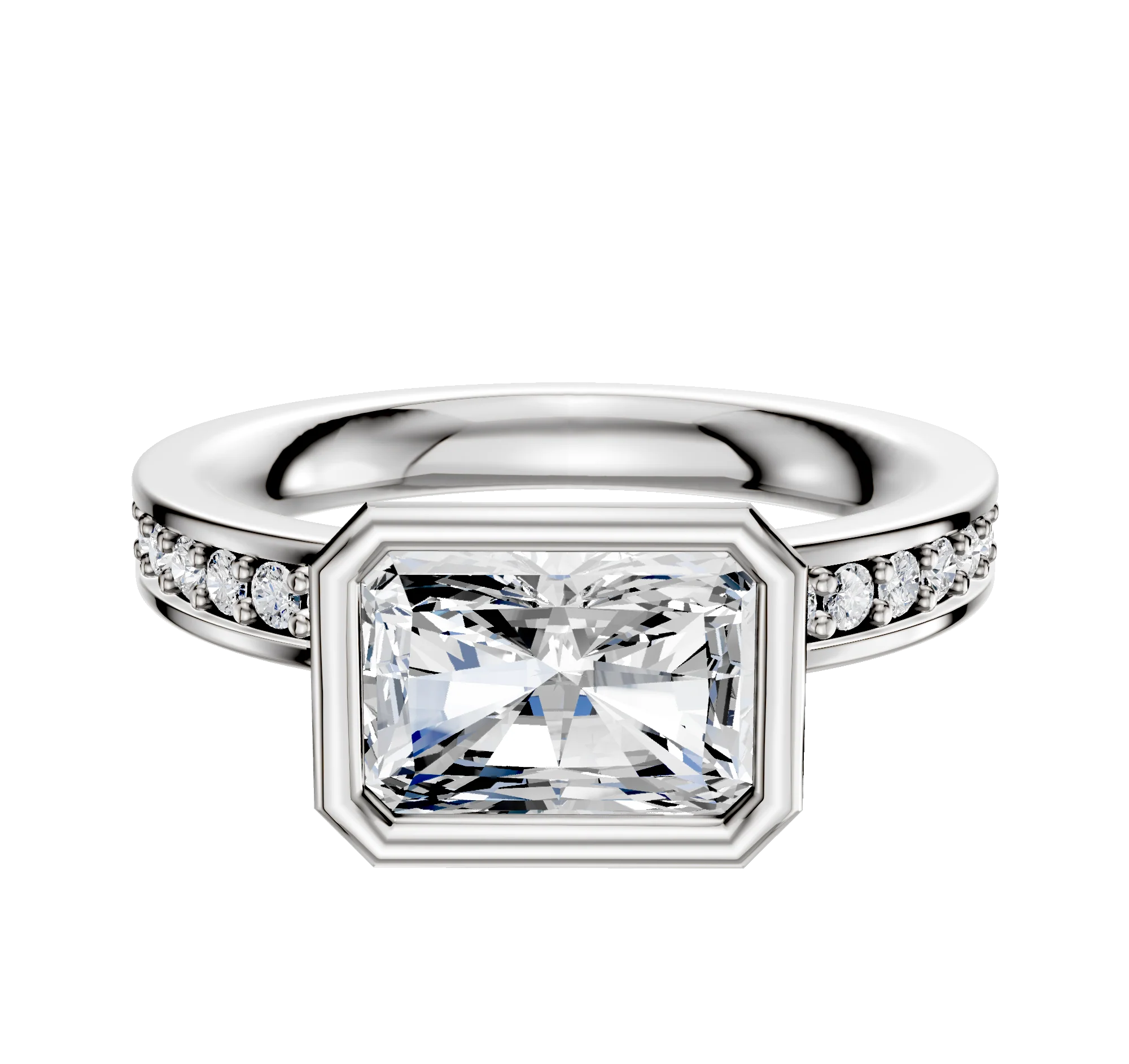 14K White Gold Bezel Full Bezel East/West Classic Flat 1-Row-Pave 2.5mm Engagement Ring