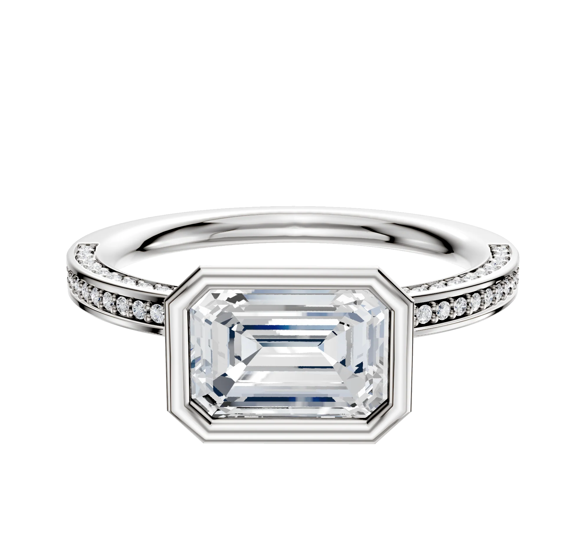 14K White Gold Bezel Full Bezel East/West Classic Flat 3-Row-Pave 2.0mm Engagement Ring
