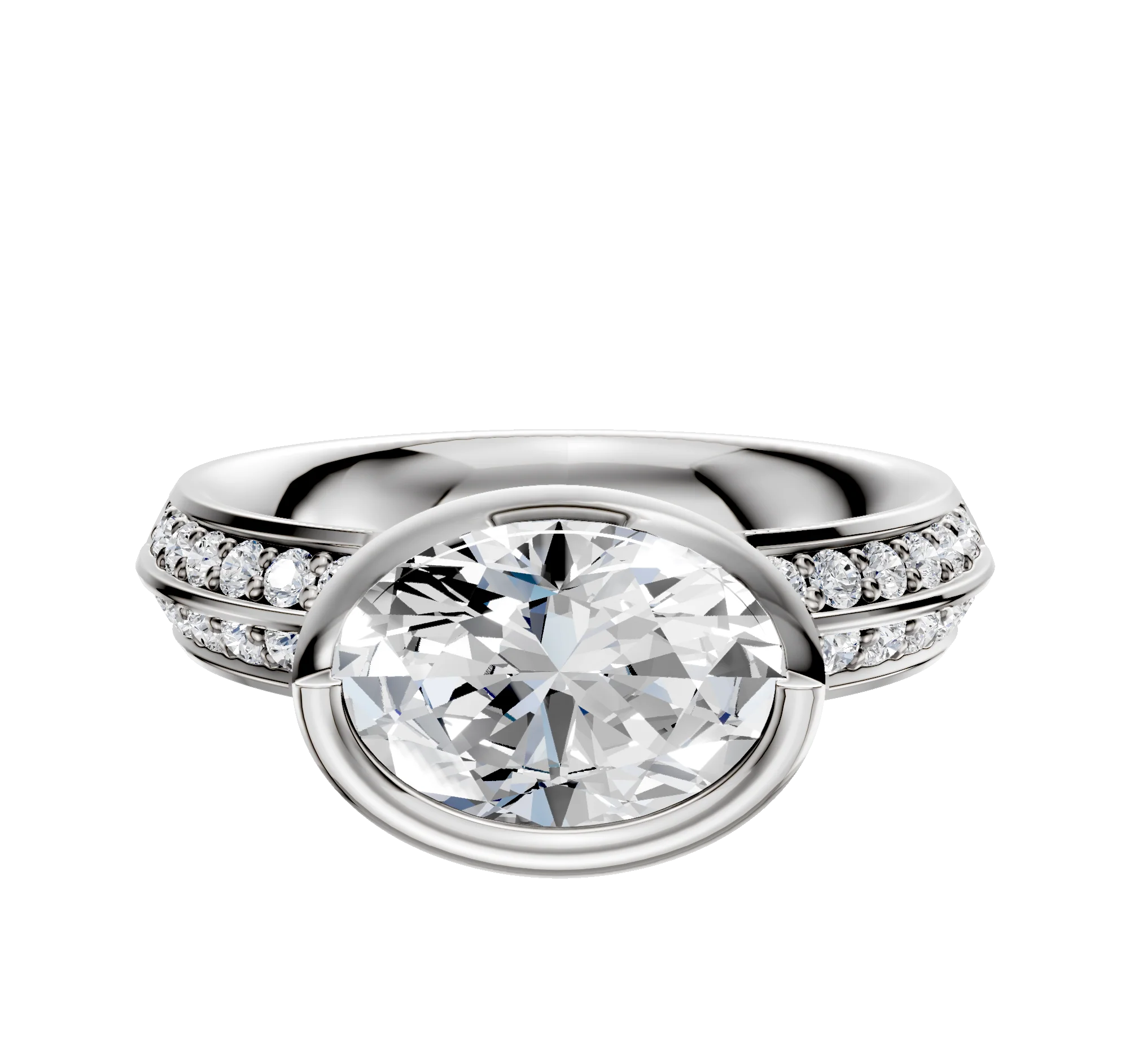 14K White Gold Bezel Full Bezel East/West Classic Knife Edge 1-Row-Pave 2.5mm Engagement Ring