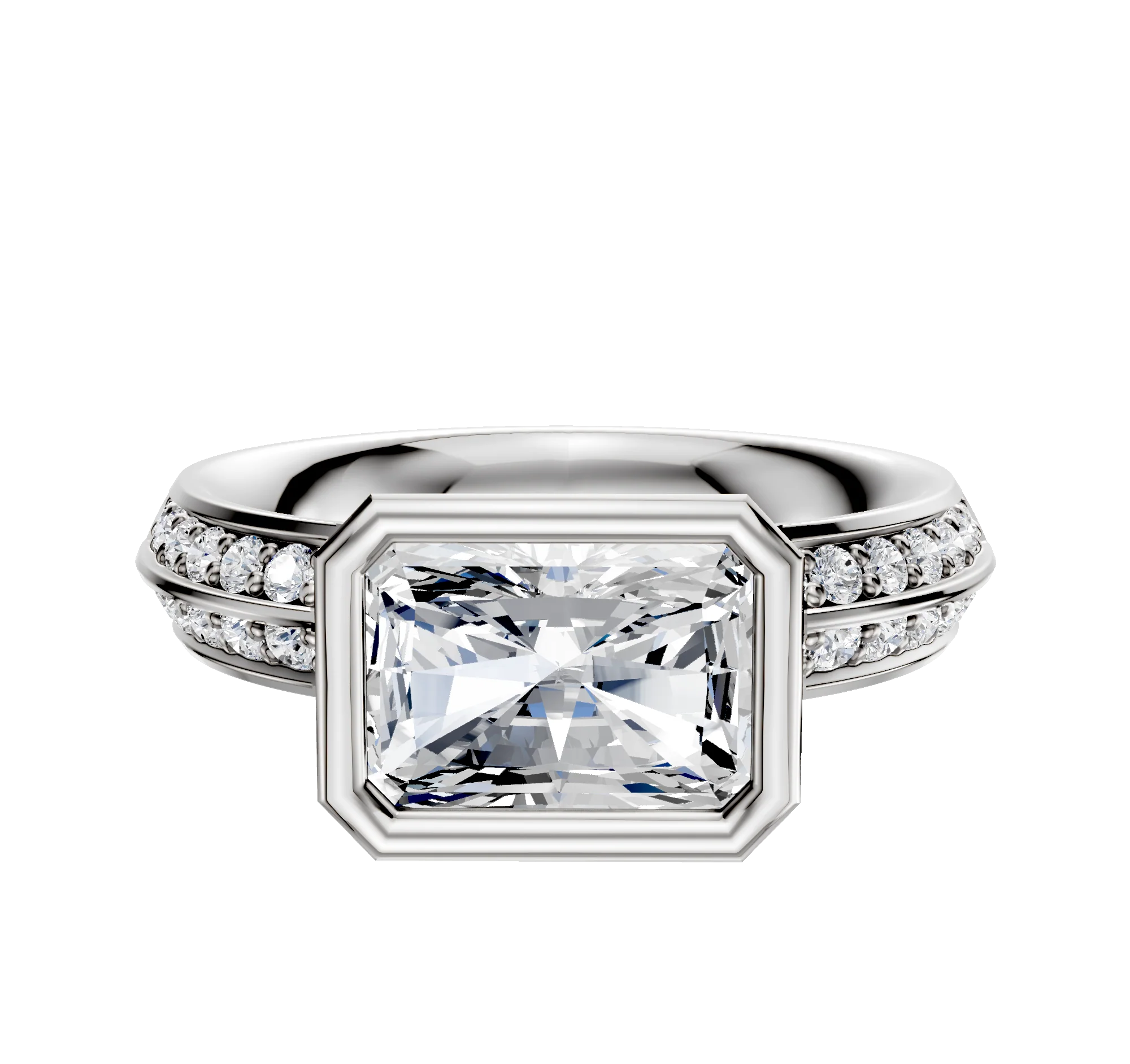 14K White Gold Bezel Full Bezel East/West Classic Knife Edge 1-Row-Pave 2.5mm Engagement Ring
