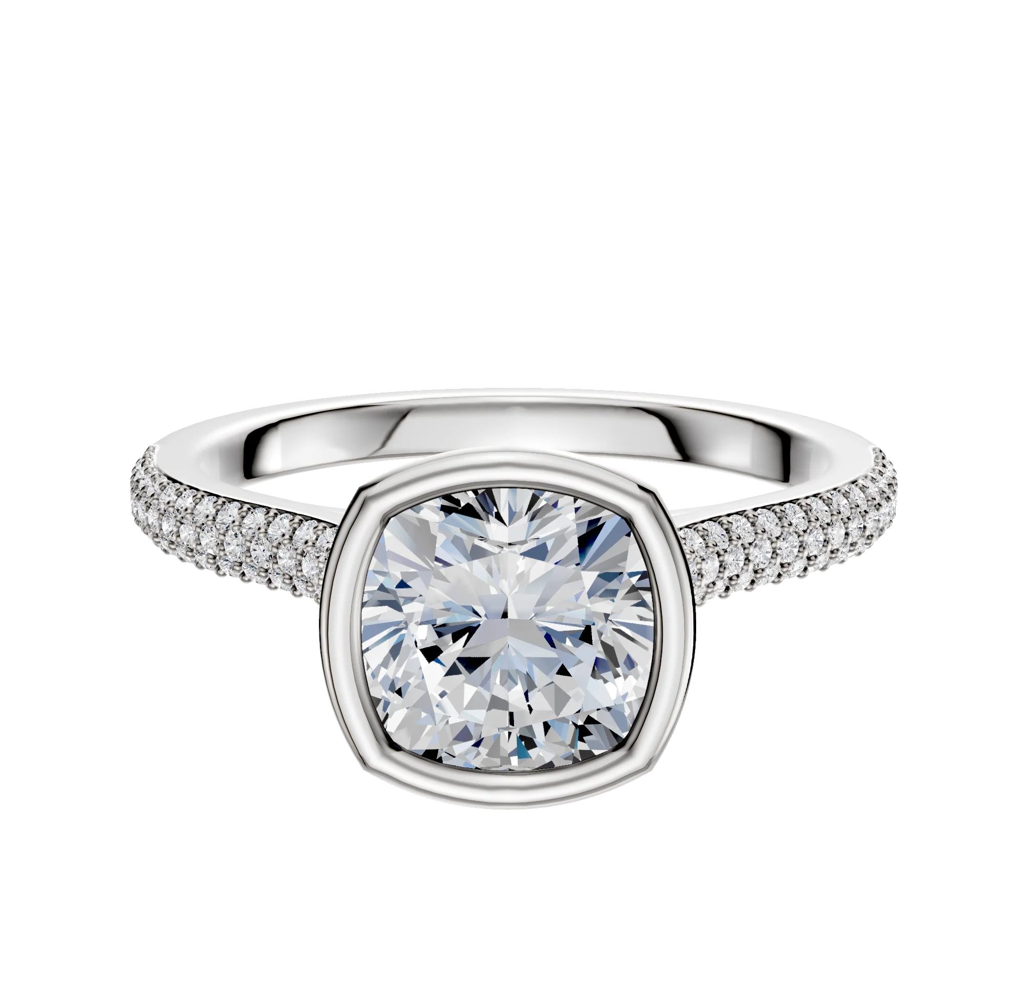 14K White Gold Bezel Full Bezel North/South Cathedral Dome 3-Row-Pave 2.0mm Engagement Ring