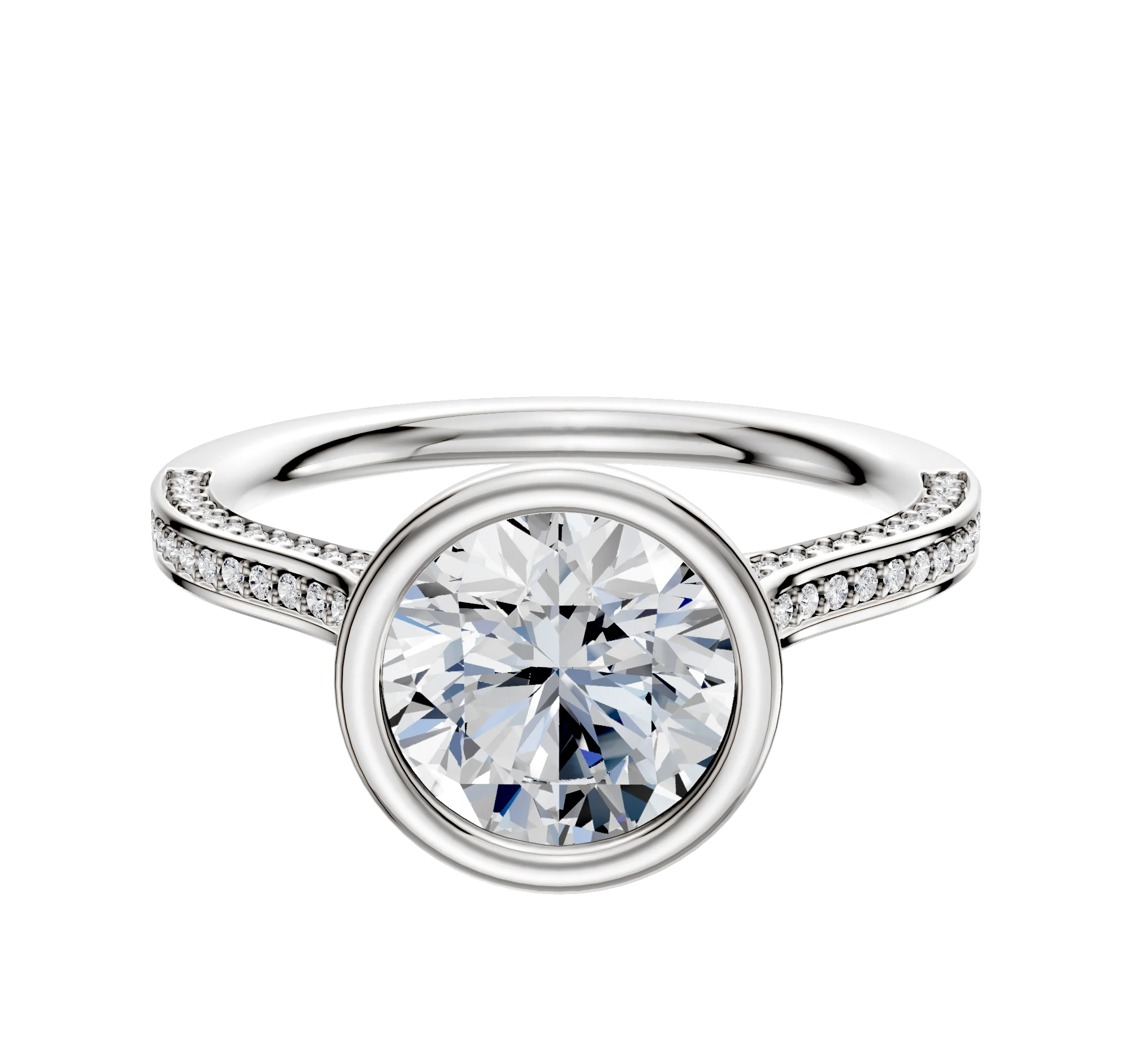 14K White Gold Bezel Full Bezel North/South Cathedral Flat 3-Row-Pave 2.0mm Engagement Ring