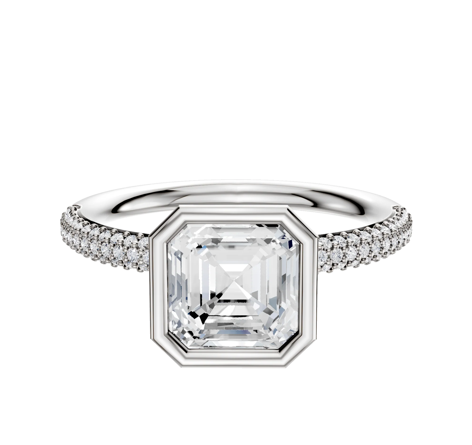 14K White Gold Bezel Full Bezel North/South Classic Dome 3-Row-Pave 2.0mm Engagement Ring