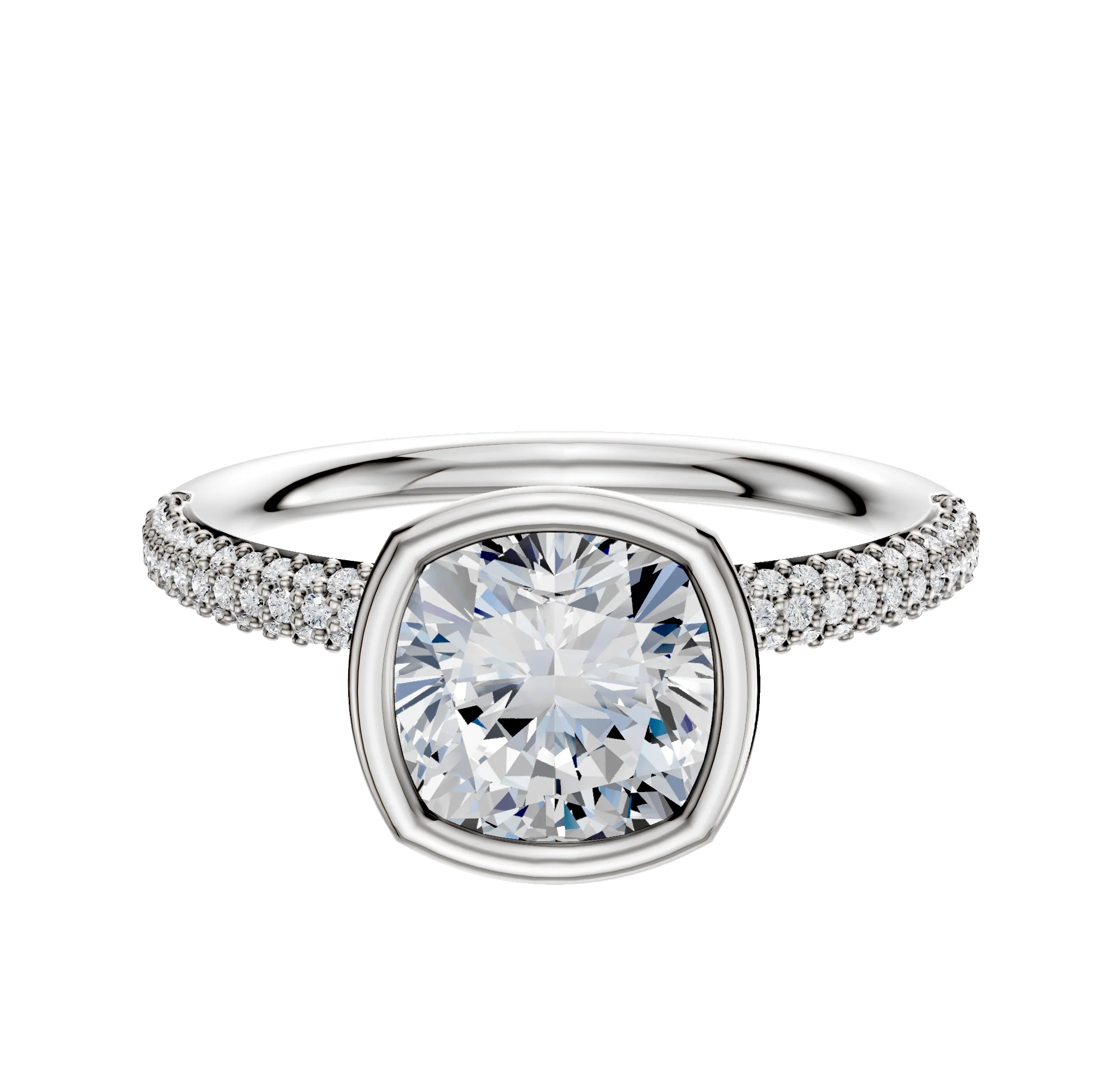 14K White Gold Bezel Full Bezel North/South Classic Dome 3-Row-Pave 2.0mm Engagement Ring