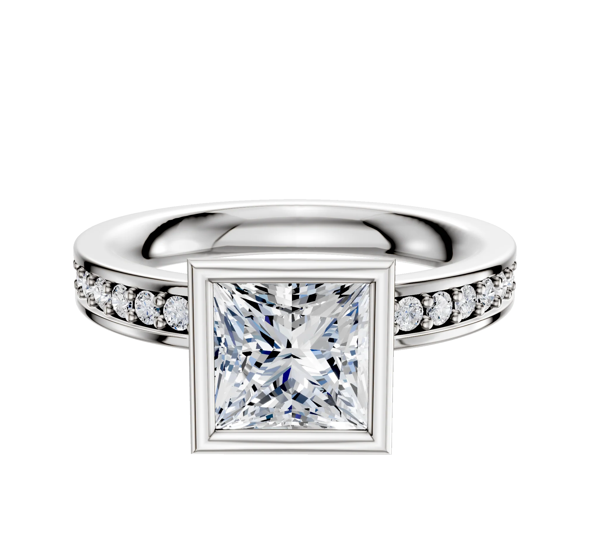 14K White Gold Bezel Full Bezel North/South Classic Flat 1-Row-Pave 2.5mm Engagement Ring