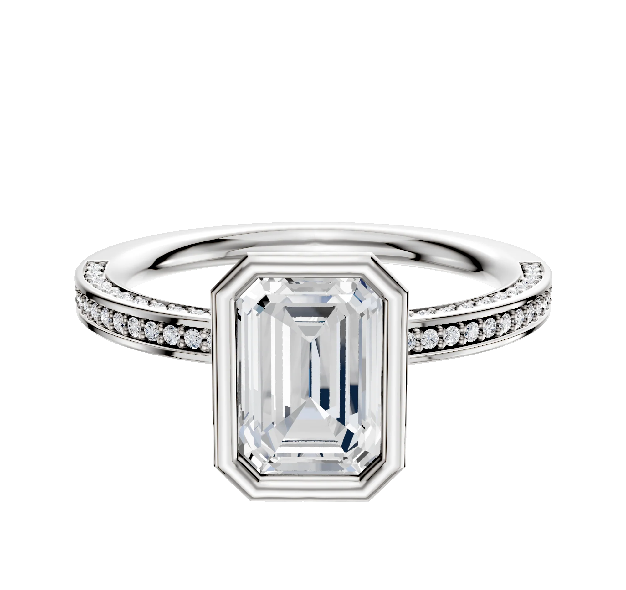14K White Gold Bezel Full Bezel North/South Classic Flat 3-Row-Pave 2.0mm Engagement Ring