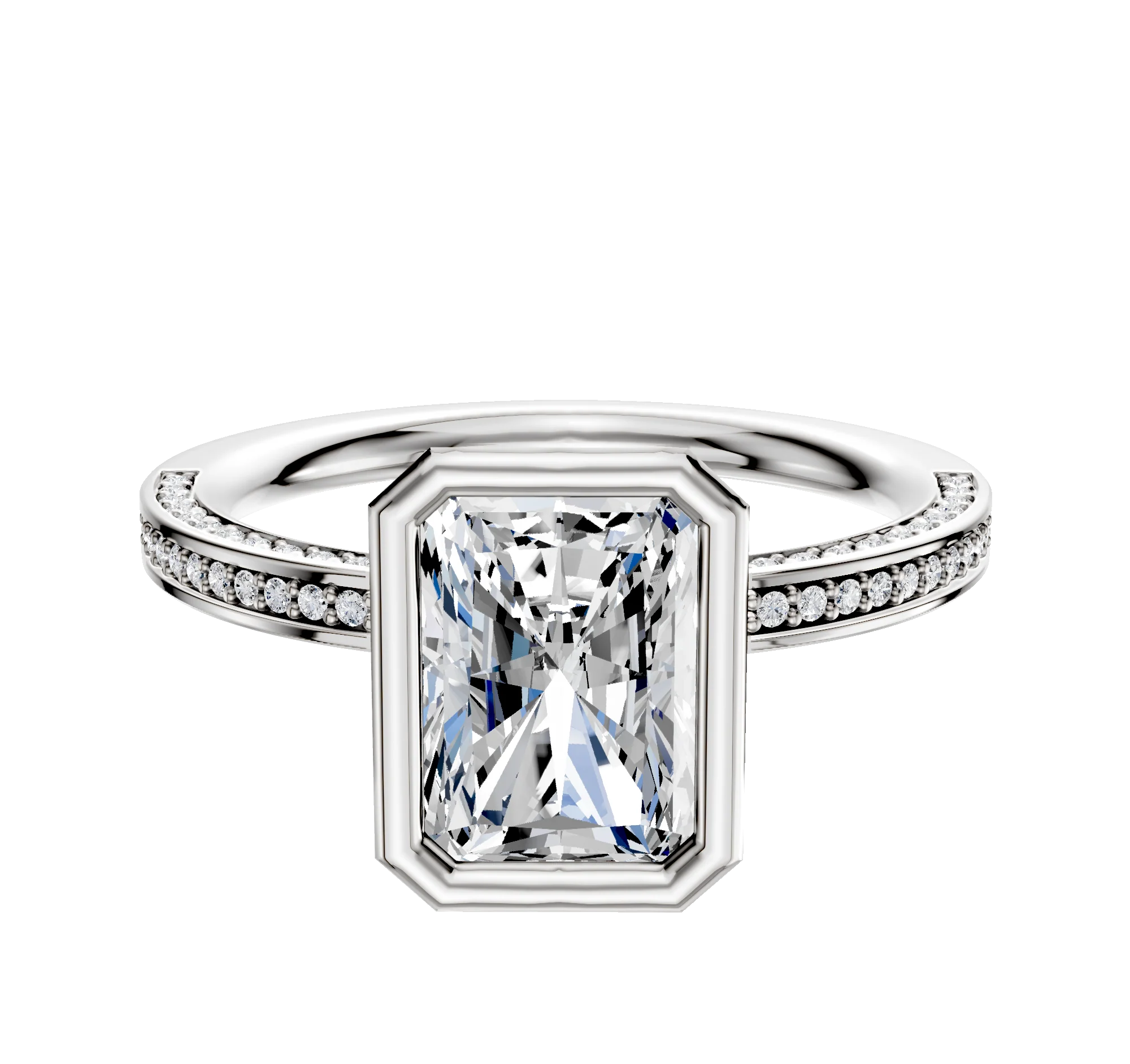 14K White Gold Bezel Full Bezel North/South Classic Flat 3-Row-Pave 2.0mm Engagement Ring