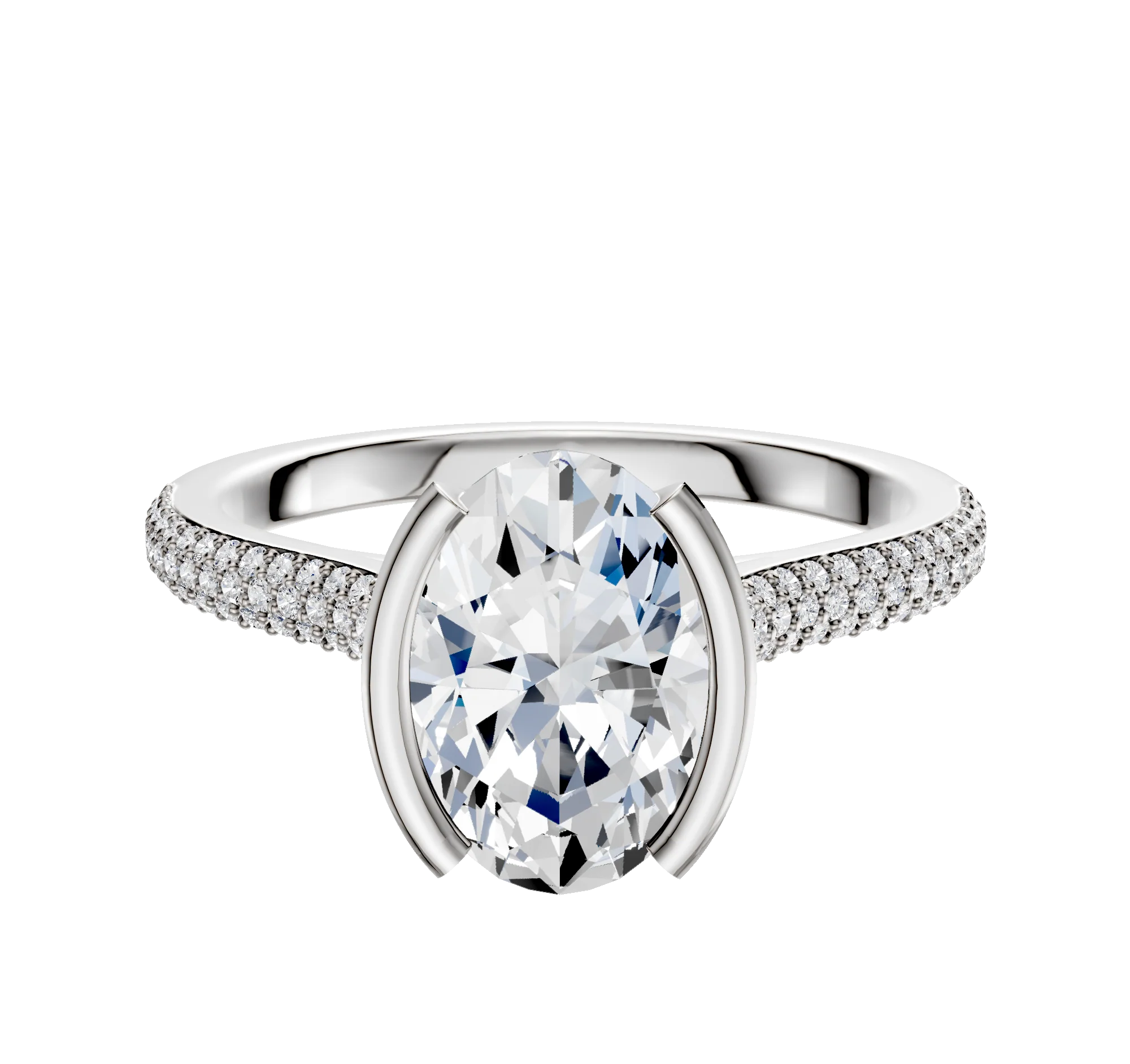 14K White Gold Bezel Half Bezel North/South Cathedral Dome 3-Row-Pave 2.0mm Engagement Ring