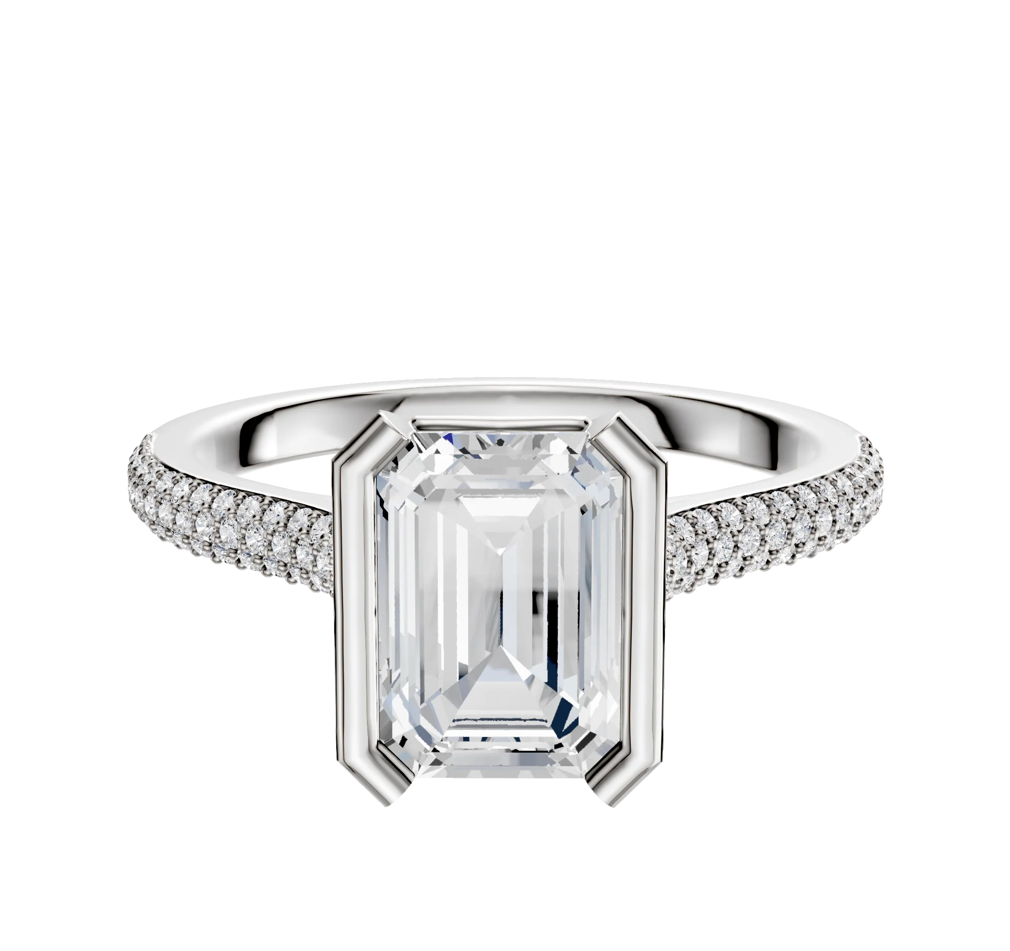 14K White Gold Bezel Half Bezel North/South Cathedral Dome 3-Row-Pave 2.0mm Engagement Ring