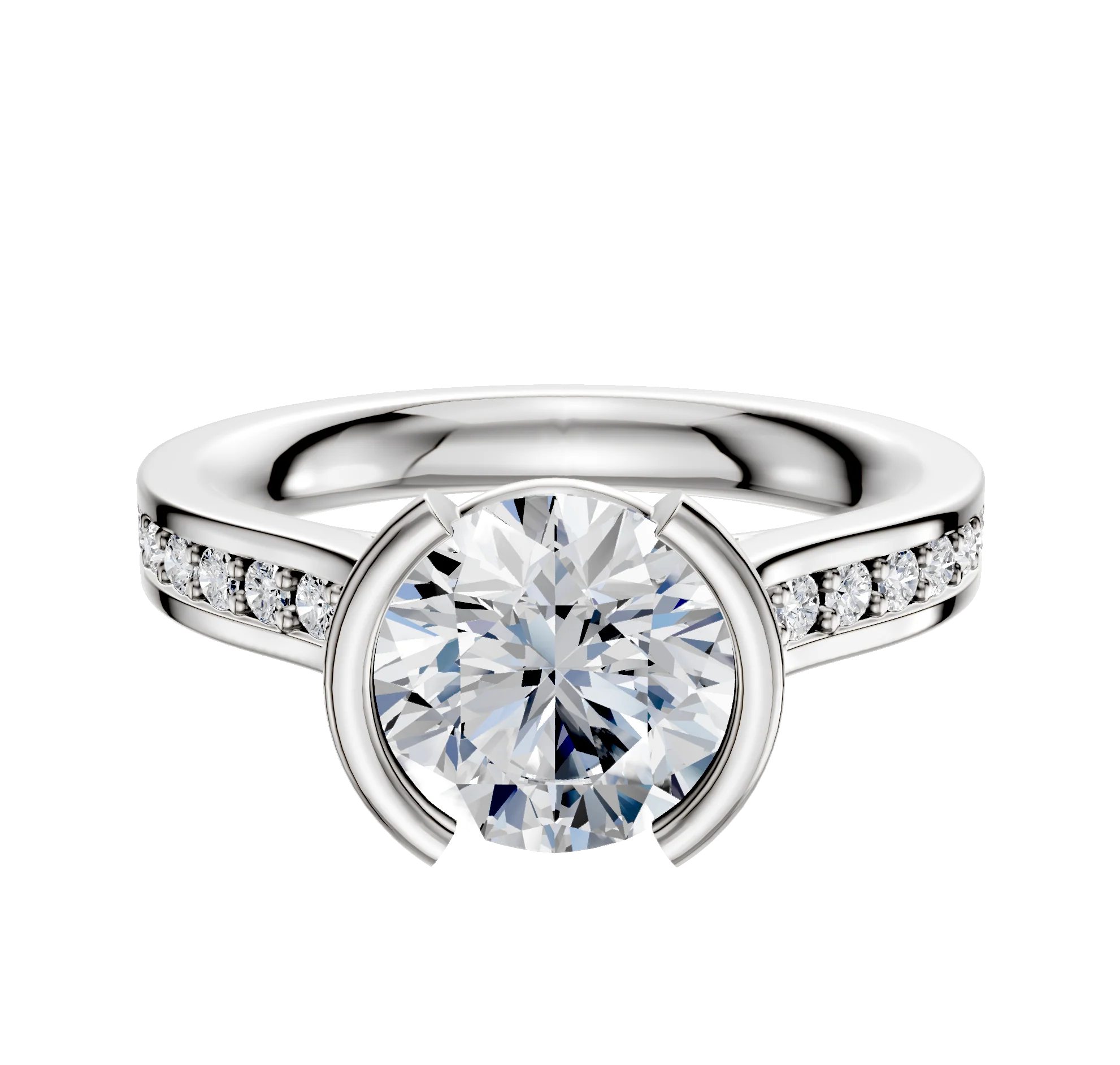 14K White Gold Bezel Half Bezel North/South Cathedral Flat 1-Row-Pave 2.5mm Engagement Ring