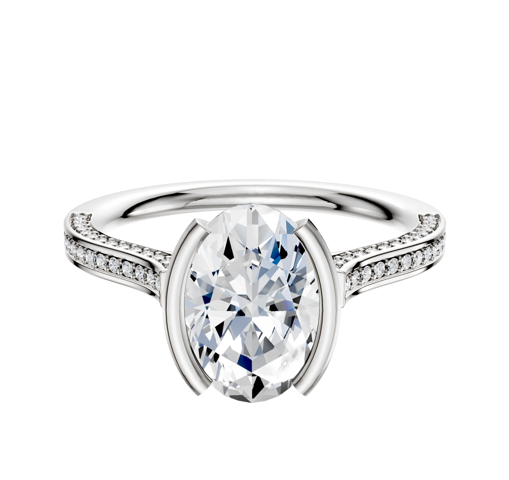 14K White Gold Bezel Half Bezel North/South Cathedral Flat 3-Row-Pave 2.0mm Engagement Ring