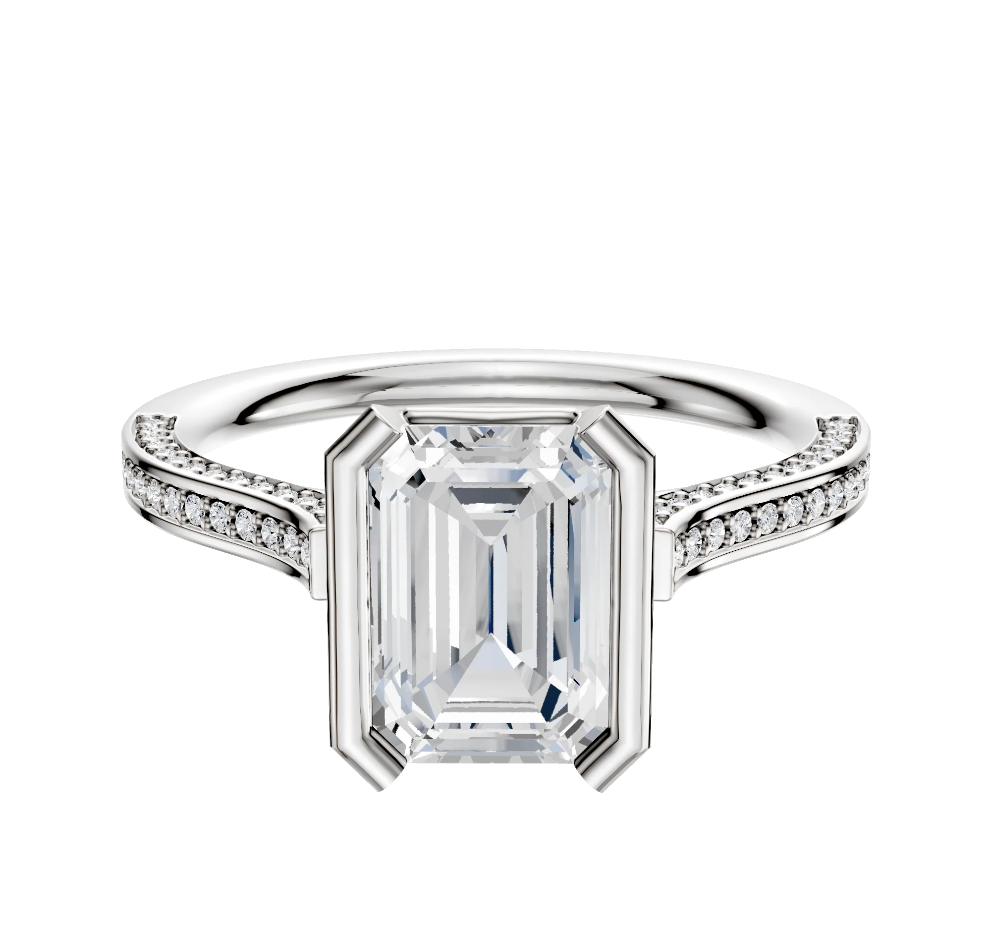 14K White Gold Bezel Half Bezel North/South Cathedral Flat 3-Row-Pave 2.0mm Engagement Ring