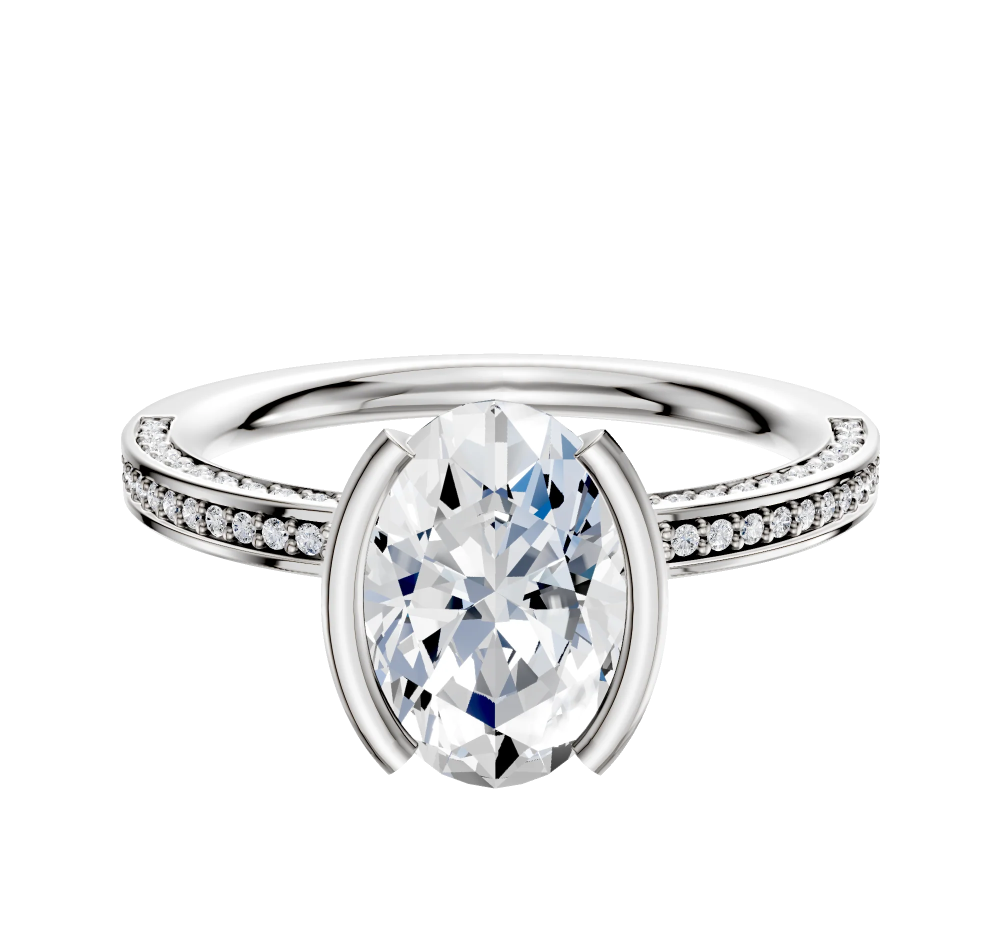 14K White Gold Bezel Half Bezel North/South Classic Flat 3-Row-Pave 2.0mm Engagement Ring