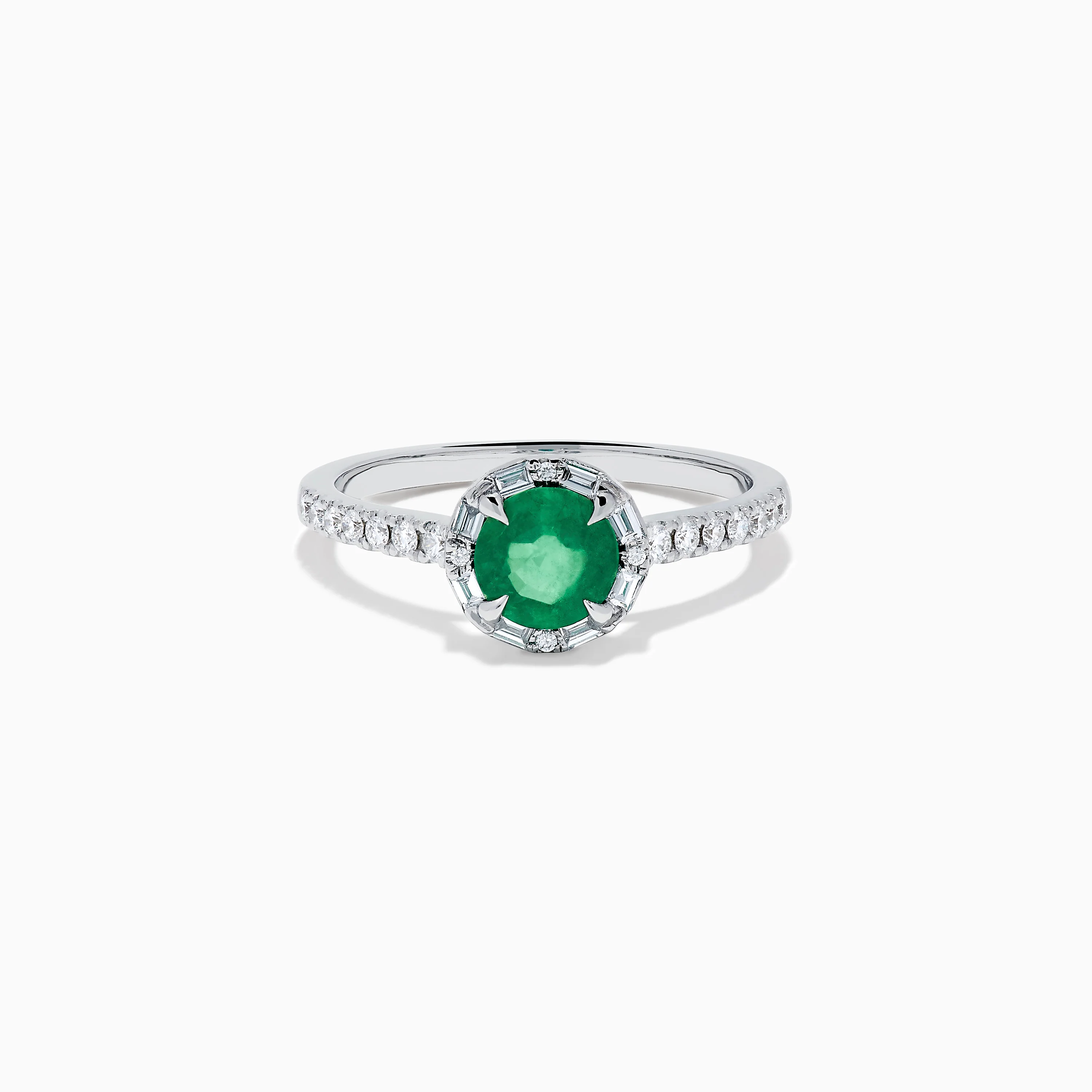 14K White Gold Emerald and Diamond Baguette Halo Ring